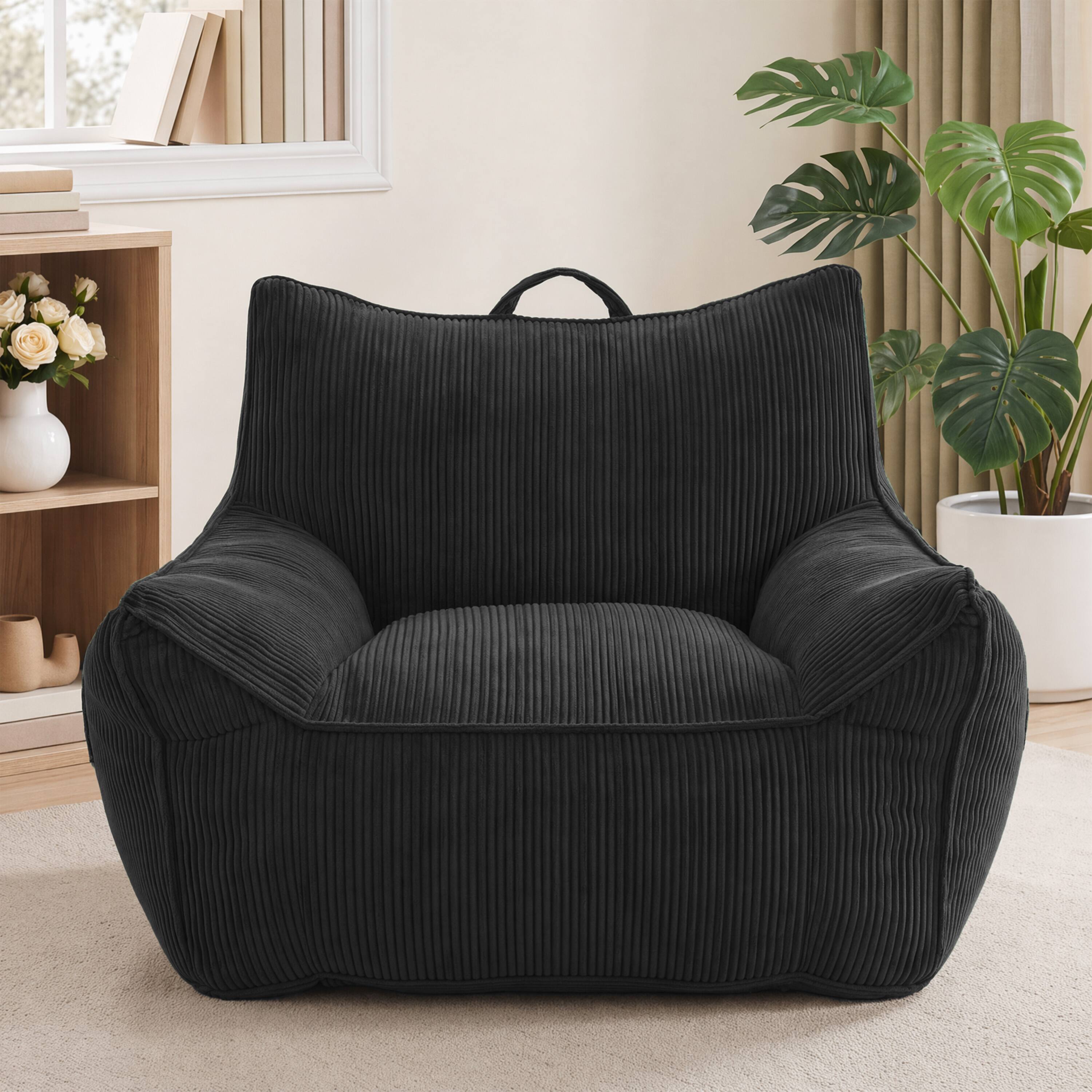 Front. Vipbear - Bean Bag Chair for Adults, Accent Chair with Armrests, Ergonomic Sofa Chair with Pocket & Handle - Black.