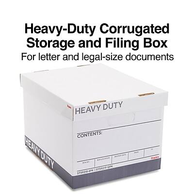 Heavy-Duty Corrugated Storage and Filing Box  
For letter and legal-size documents  

HEAVY DUTY  

CONTENTS:  
ST5921P 2 4PK  
ST59218 StaDies