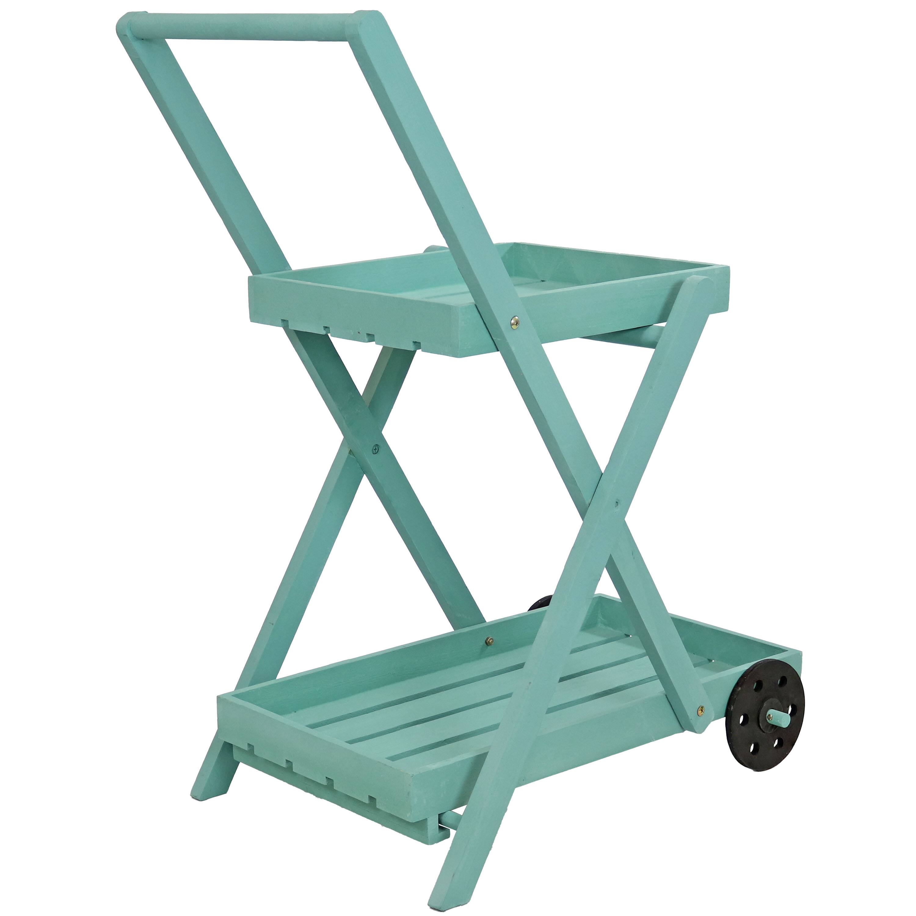 Alt View 7. Sunnydaze - 2-Tier Fir Wheeled Planter Stand - Robin Egg Blue.