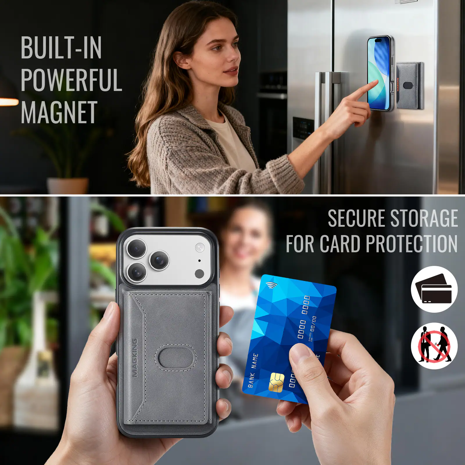 BUILT-IN POWERFUL MAGNET  
SECURE STORAGE FOR CARD PROTECTION  
MAGKING  
NAME BANK  
.... 0000 MAMAHA 00/00  000