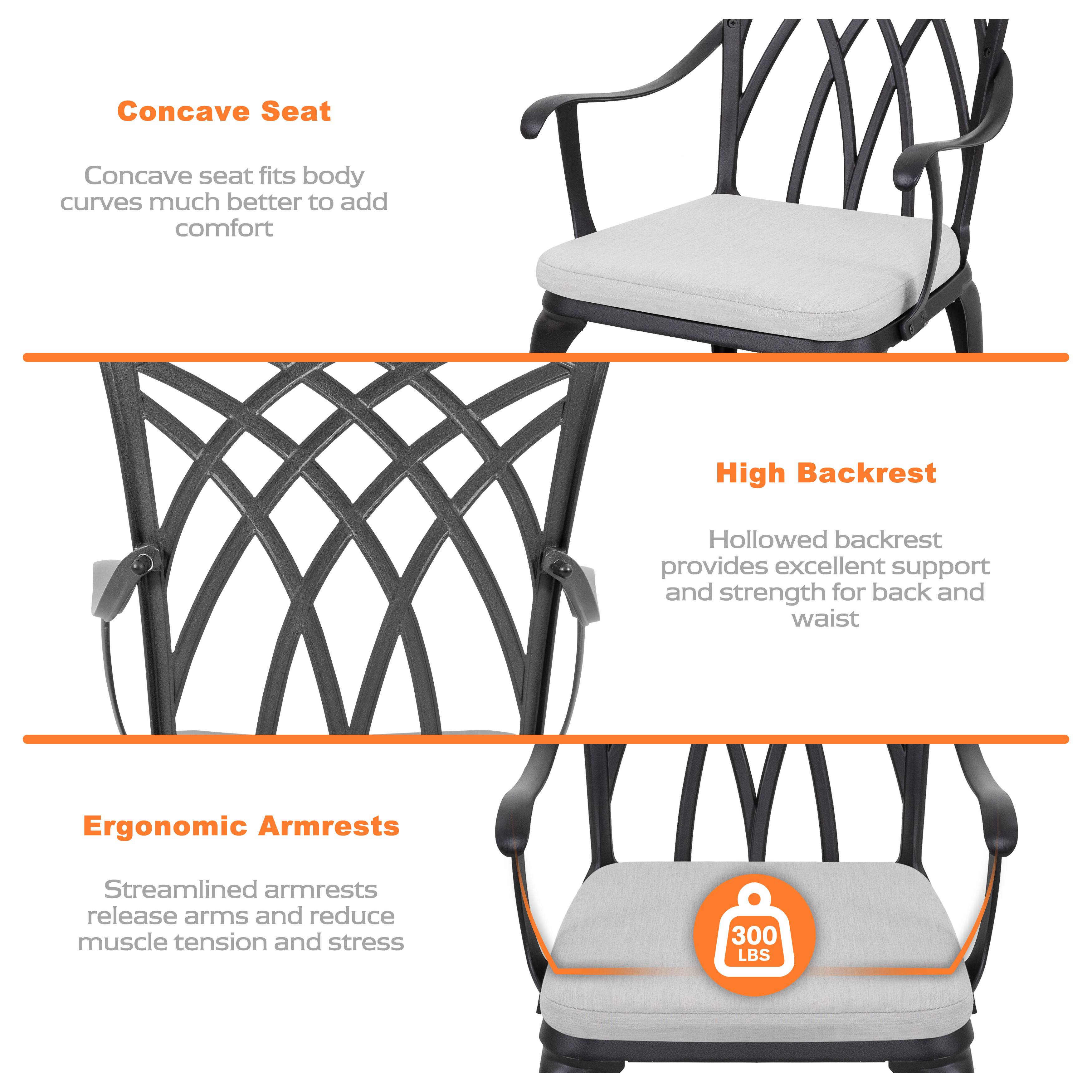 Concave Seat  
Concave seat fits body curves much better to add comfort  

High Backrest  
Hollowed backrest provides excellent support and strength for back and waist  

Ergonomic Armrests  
Streamlined armrests release arms and reduce muscle tension and stress  

300 LBS