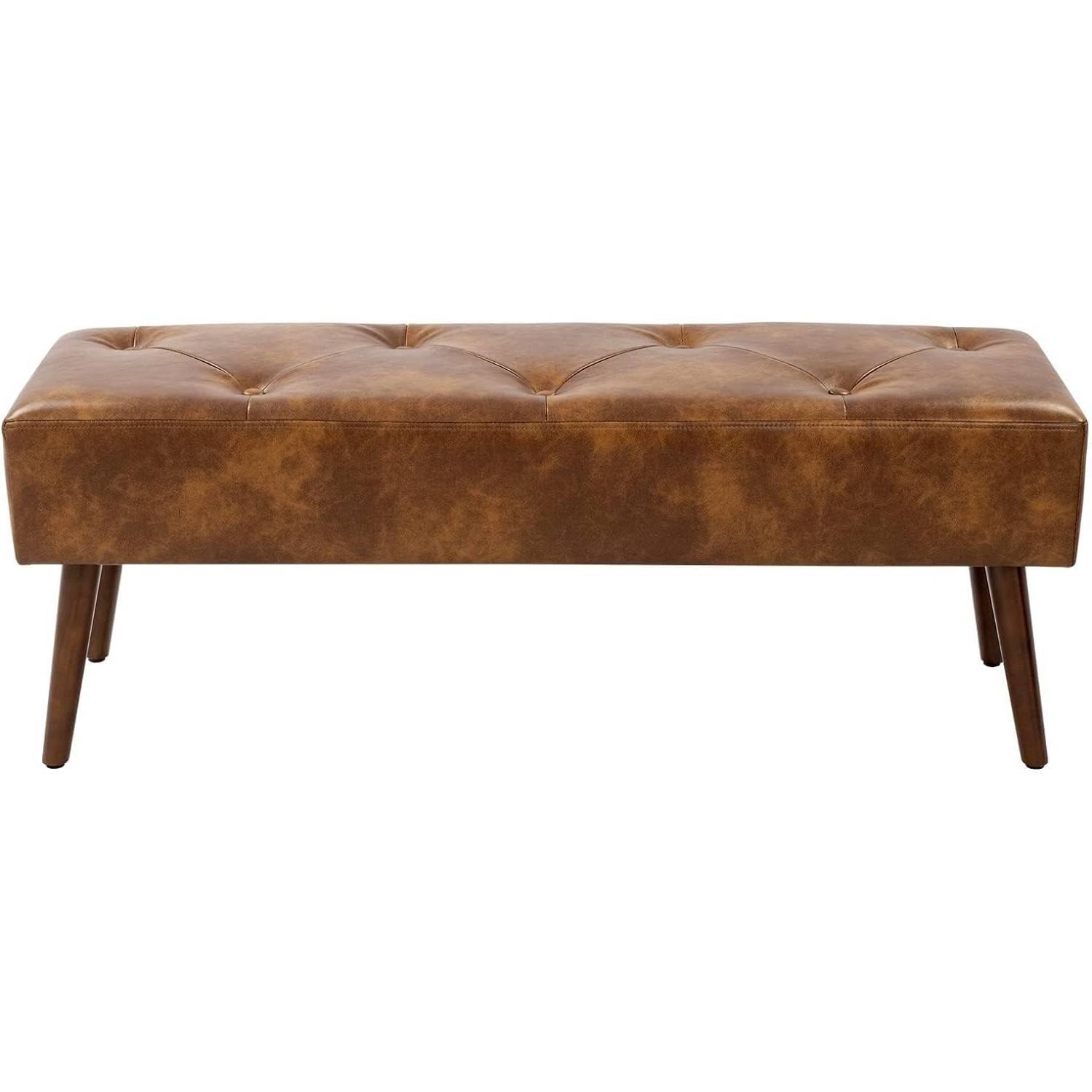 Back. Hivvago - Mid-Century End of Bed Bench with Leather Upholstered Seat Solid Wood Legs - brown.