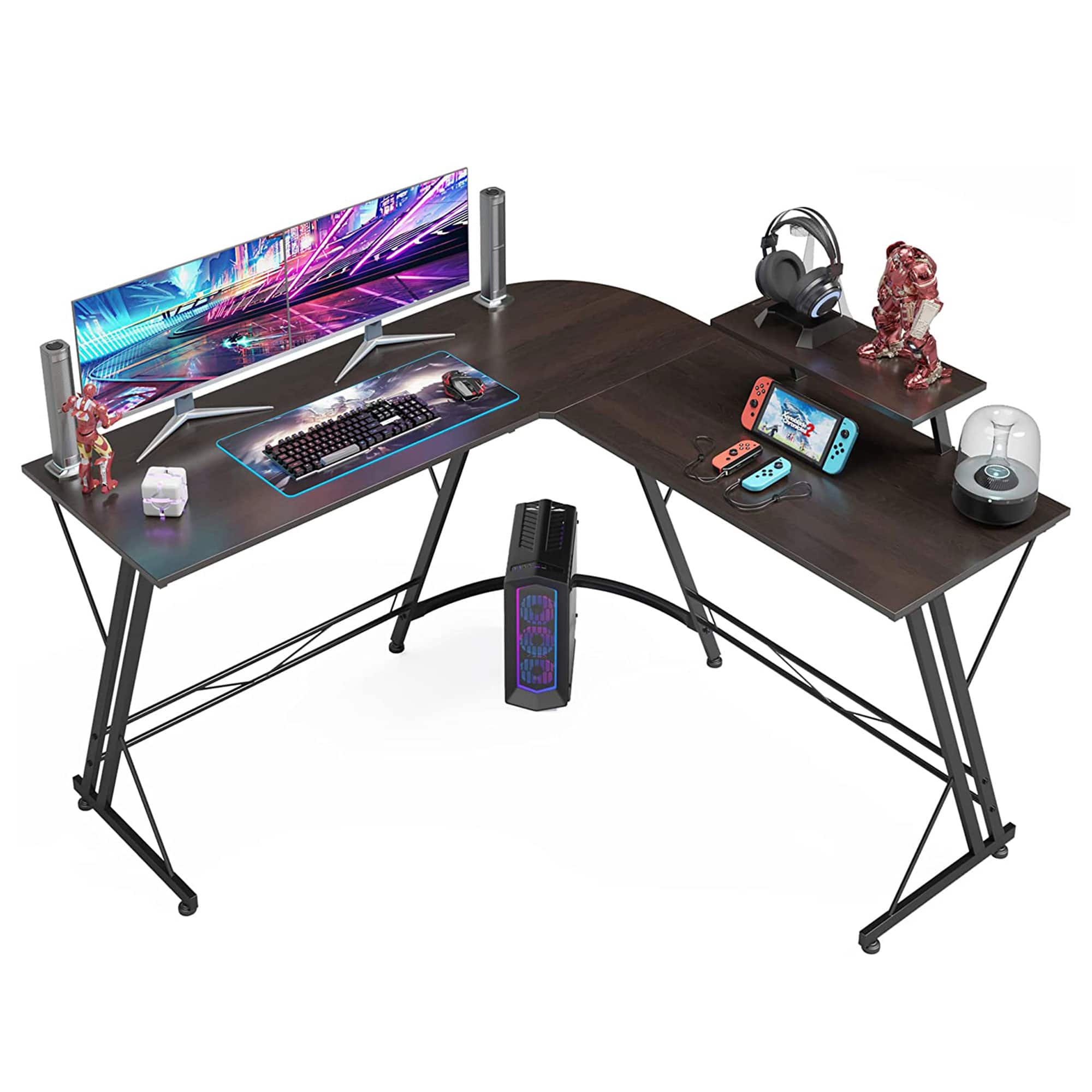 Somdot - L Shaped Corner Gaming and Computer Desk with Monitor Stand - Black Walnut