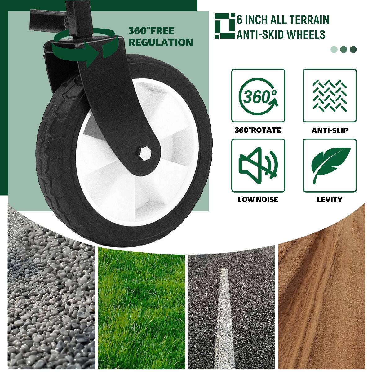 360° FREE REGULATION

6 INCH ALL TERRAIN ANTI-SKID WHEELS

360° ROTATE
ANTI-SLIP
LOW NOISE
LEVITY
