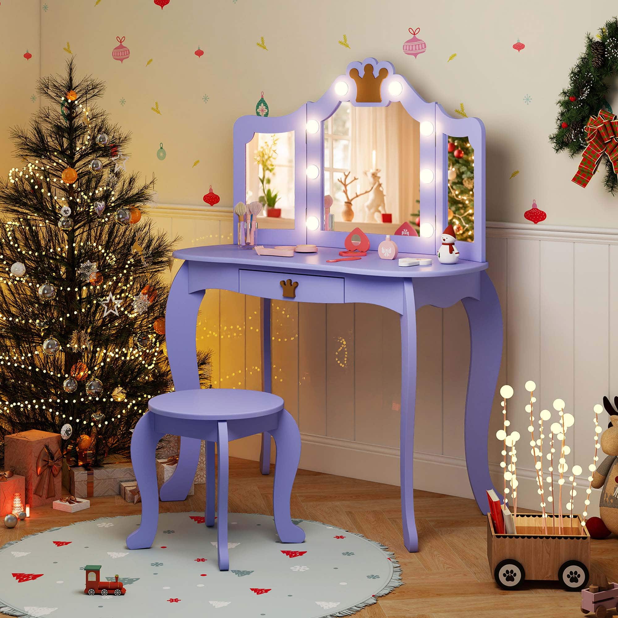 Costway - Kids Vanity Set Princess Vanity Table & Chair Set with Lighted Mirror - Purple