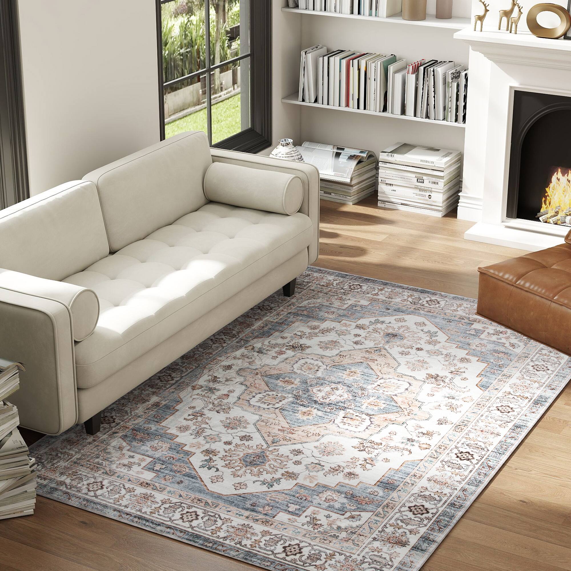 Alt View 2. Homcom - HOMCOM 4x6 Vintage Rug: Mach-Wash Non-Slip Light Blue Distress, Indoor Boho Carpet Living Room - Brown and Light Blue.