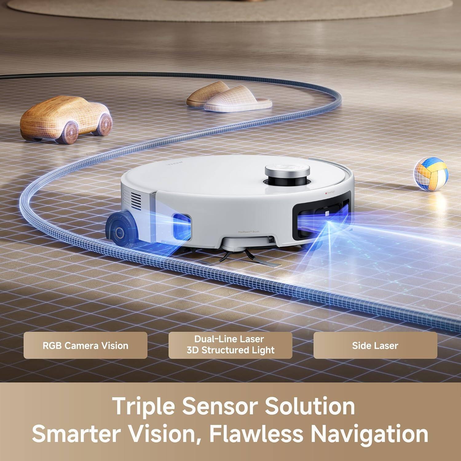 RGB Camera Vision  
Dual-Line Laser 3D Structured Light  
Side Laser  

Triple Sensor Solution  
Smarter Vision, Flawless Navigation