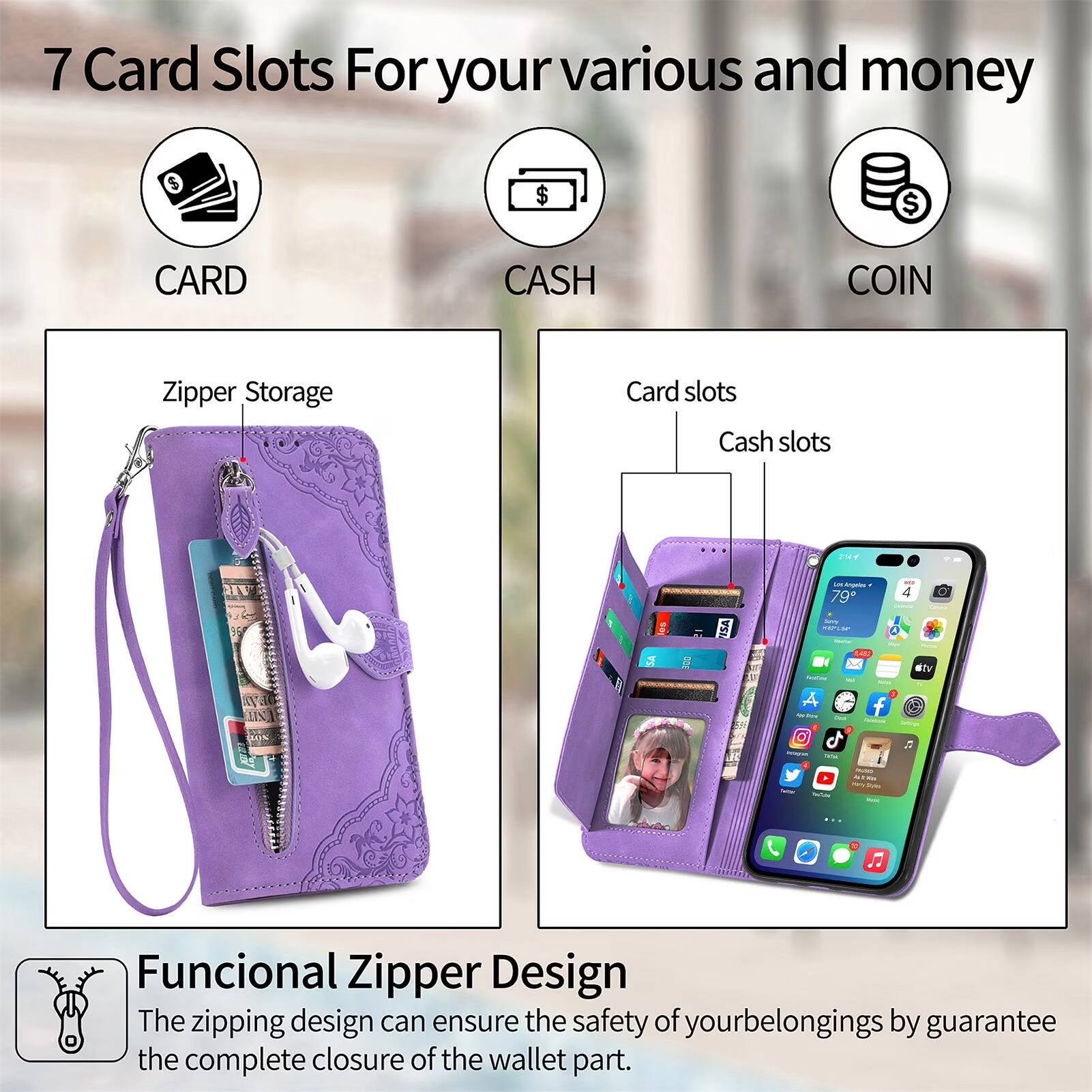 7 Card Slots For your various and money

CARD
CASH
COIN

Zipper Storage
Card slots
Cash slots

Functional Zipper Design
The zipping design can ensure the safety of your belongings by guarantee the complete closure of the wallet part.