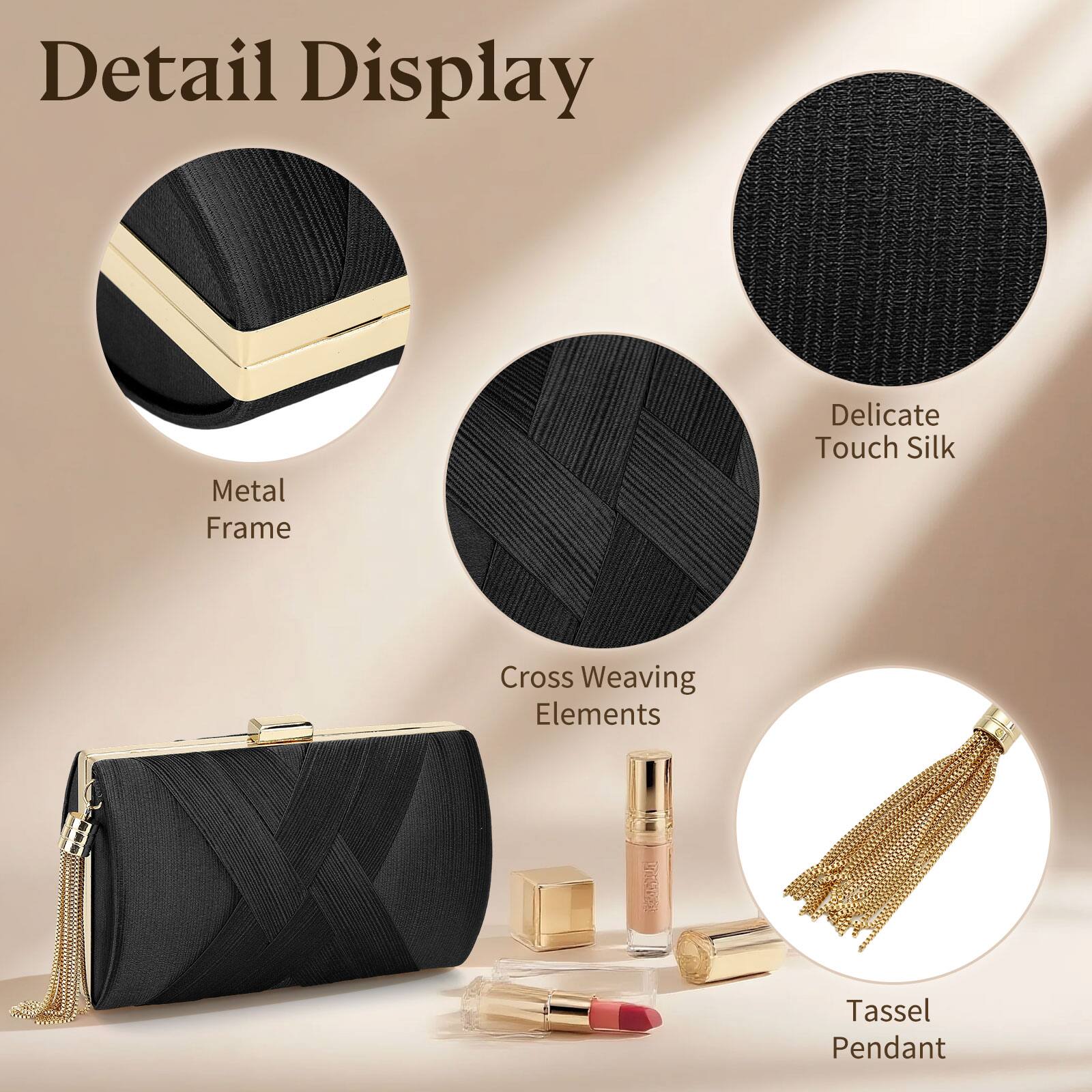 Detail Display

- Metal Frame
- Delicate Touch Silk
- Cross Weaving Elements
- Tassel Pendant