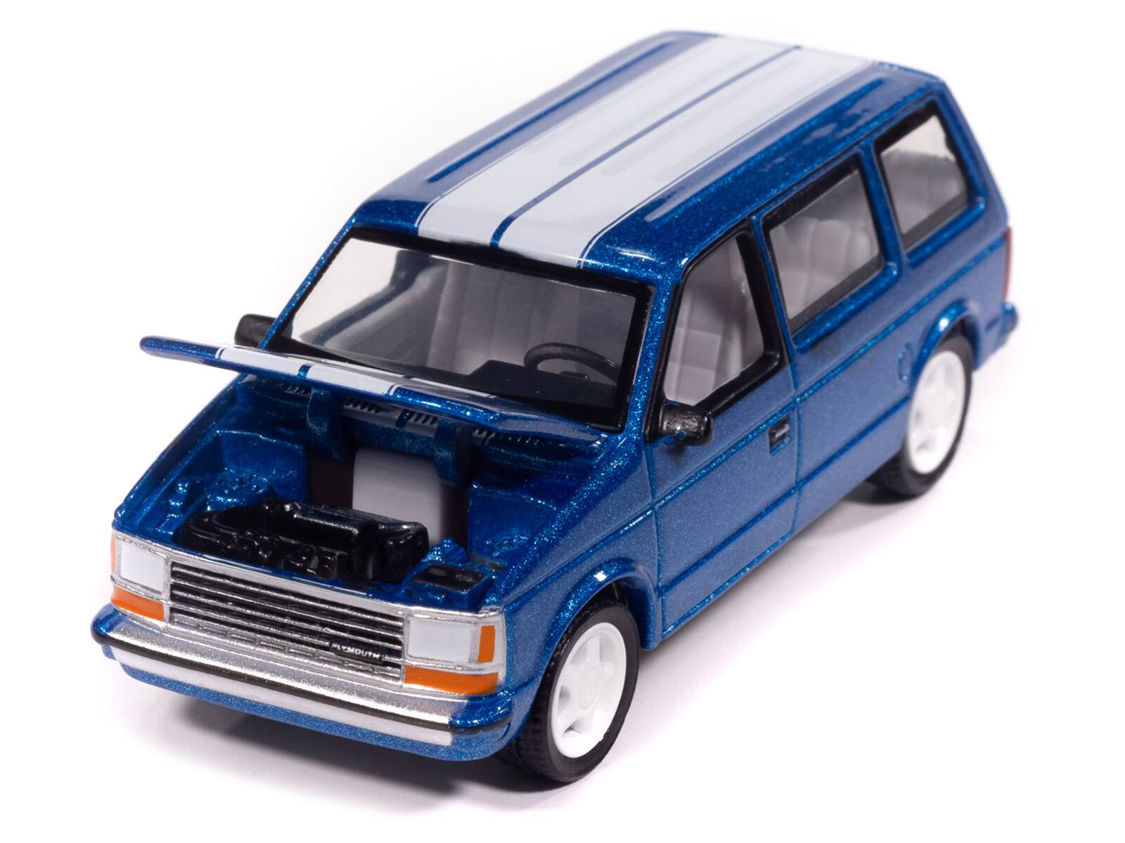 Alt View 3. Autoworld - 1989 Plymouth Voyager Turbo Van Daytona Blue Metallic with White Stripes and Interior 1/64 Model Car by Auto World.
