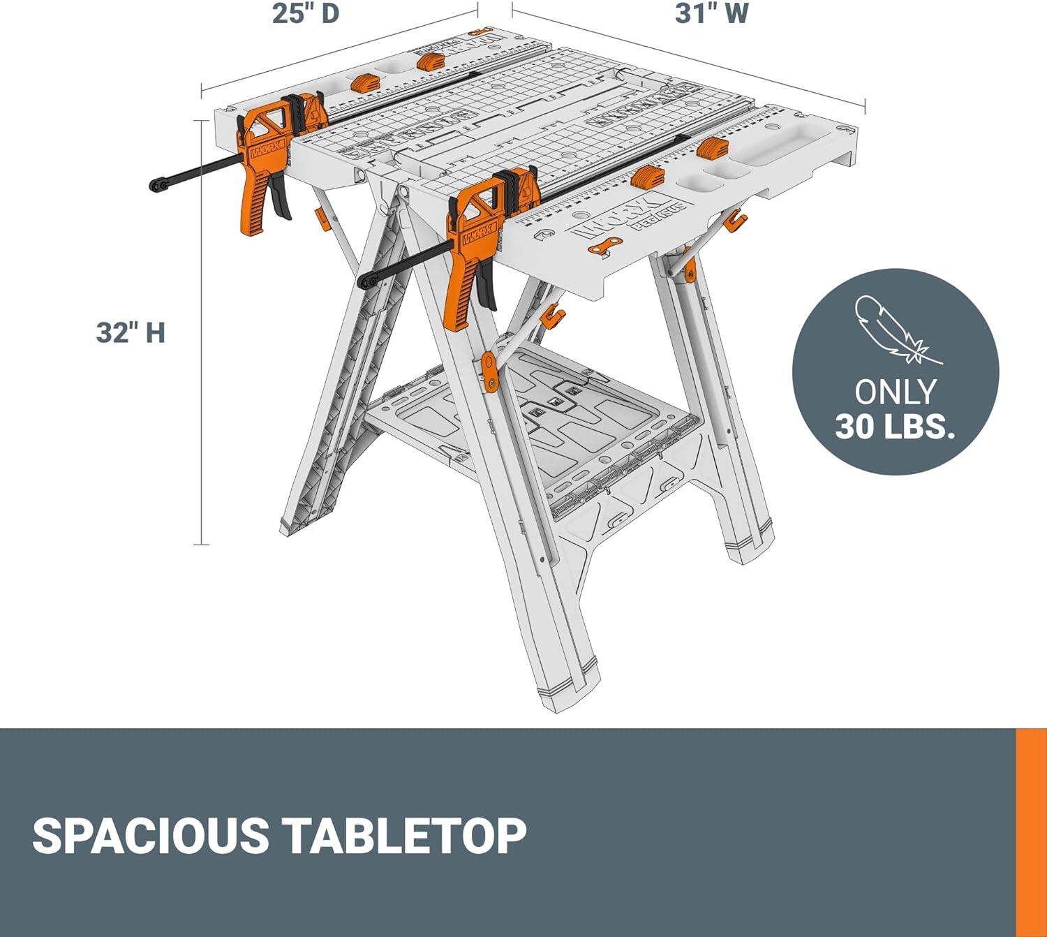 The image features a tabletop that is 25" D, 31" W, and 32" H. It is made of lightweight materials, weighing only 30 lbs. The tabletop is designed to be spacious and suitable for various purposes.