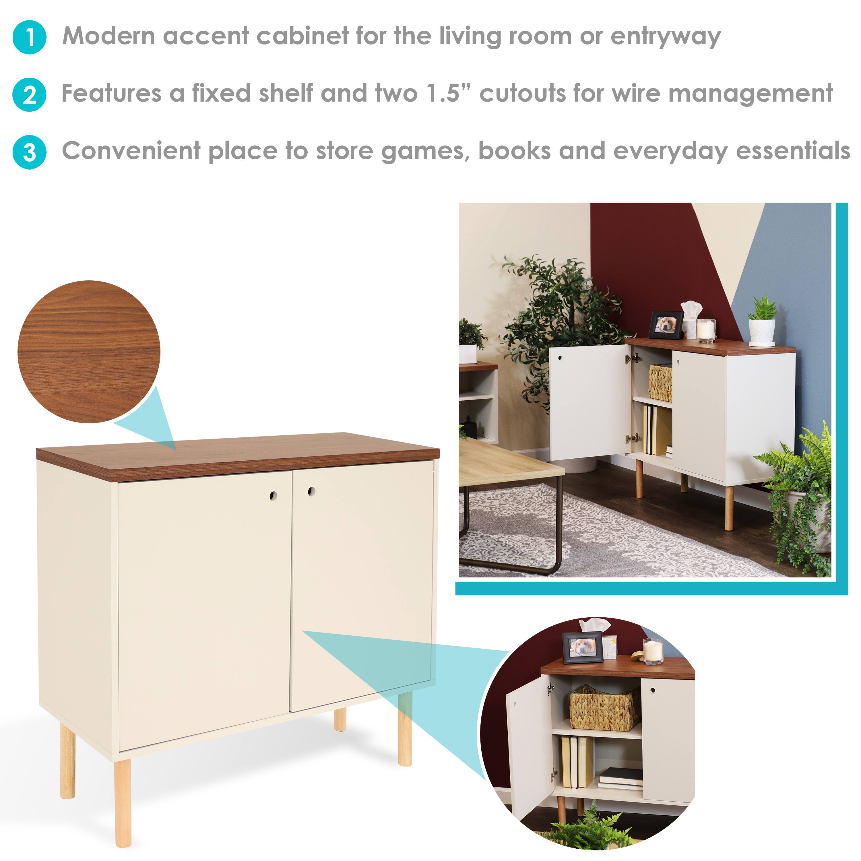 1. Modern accent cabinet for the living room or entryway  
2. Features a fixed shelf and two 1.5" cutouts for wire management  
3. Convenient place to store games, books, and everyday essentials