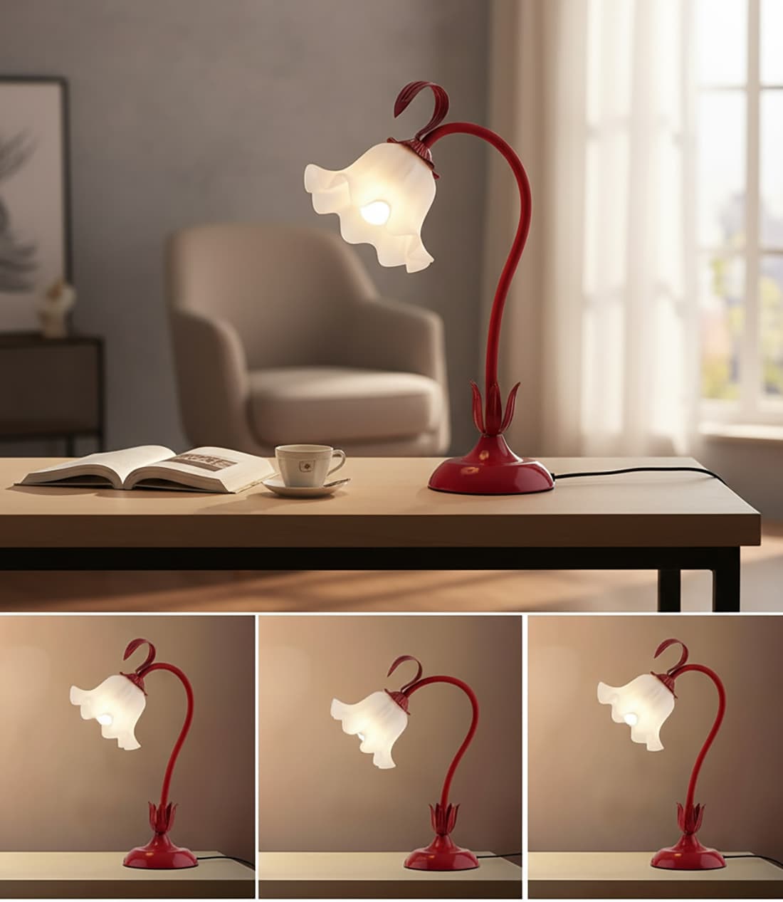 Alt View 2. FINEAK - Flower Table Lamp - 3-Color LED Night Light, Kawaii Decor (Red) - Red.
