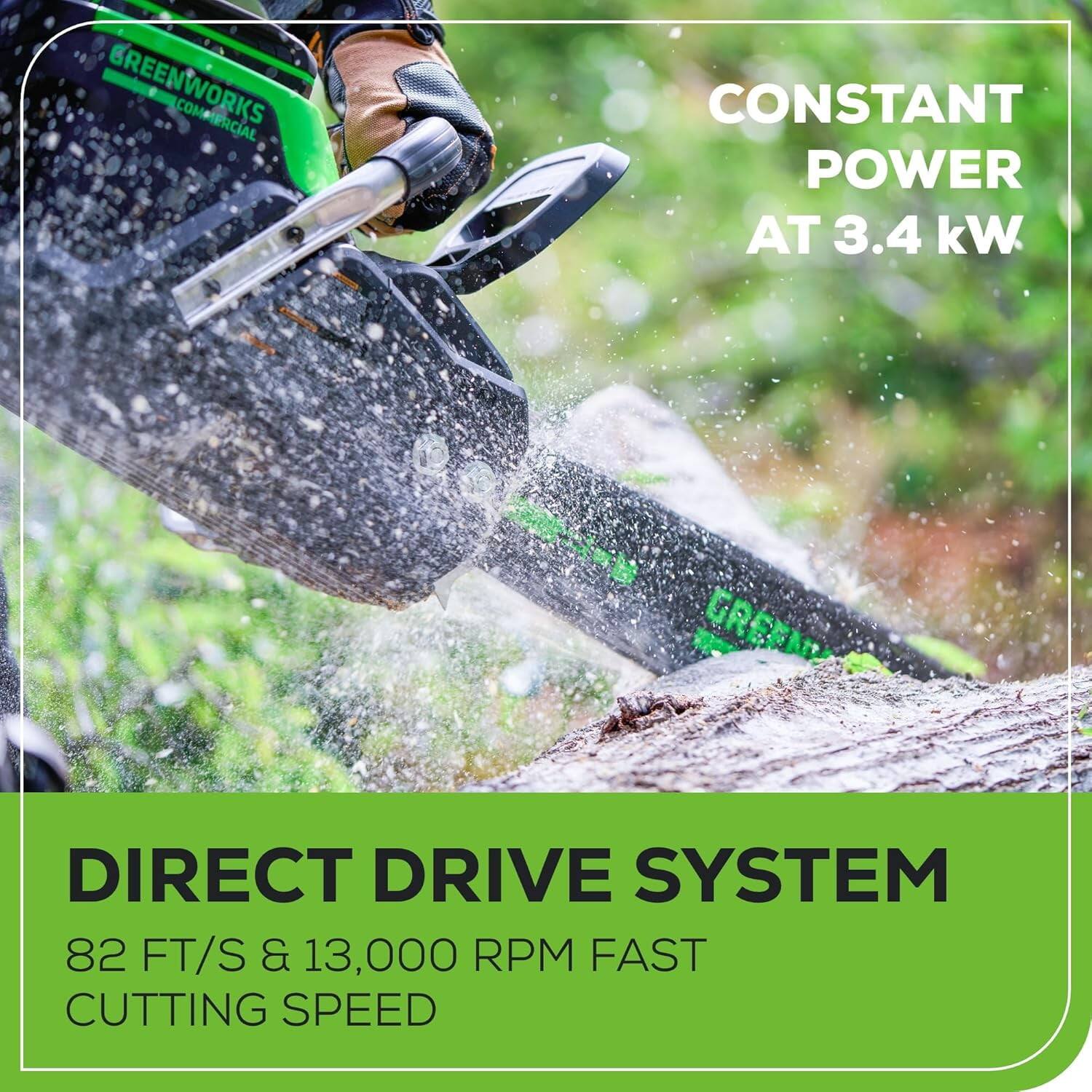 GREENWORKS COMMERCIAL

CONSTANT POWER AT 3.4 kW

DIRECT DRIVE SYSTEM
82 FT/S & 13,000 RPM FAST CUTTING SPEED