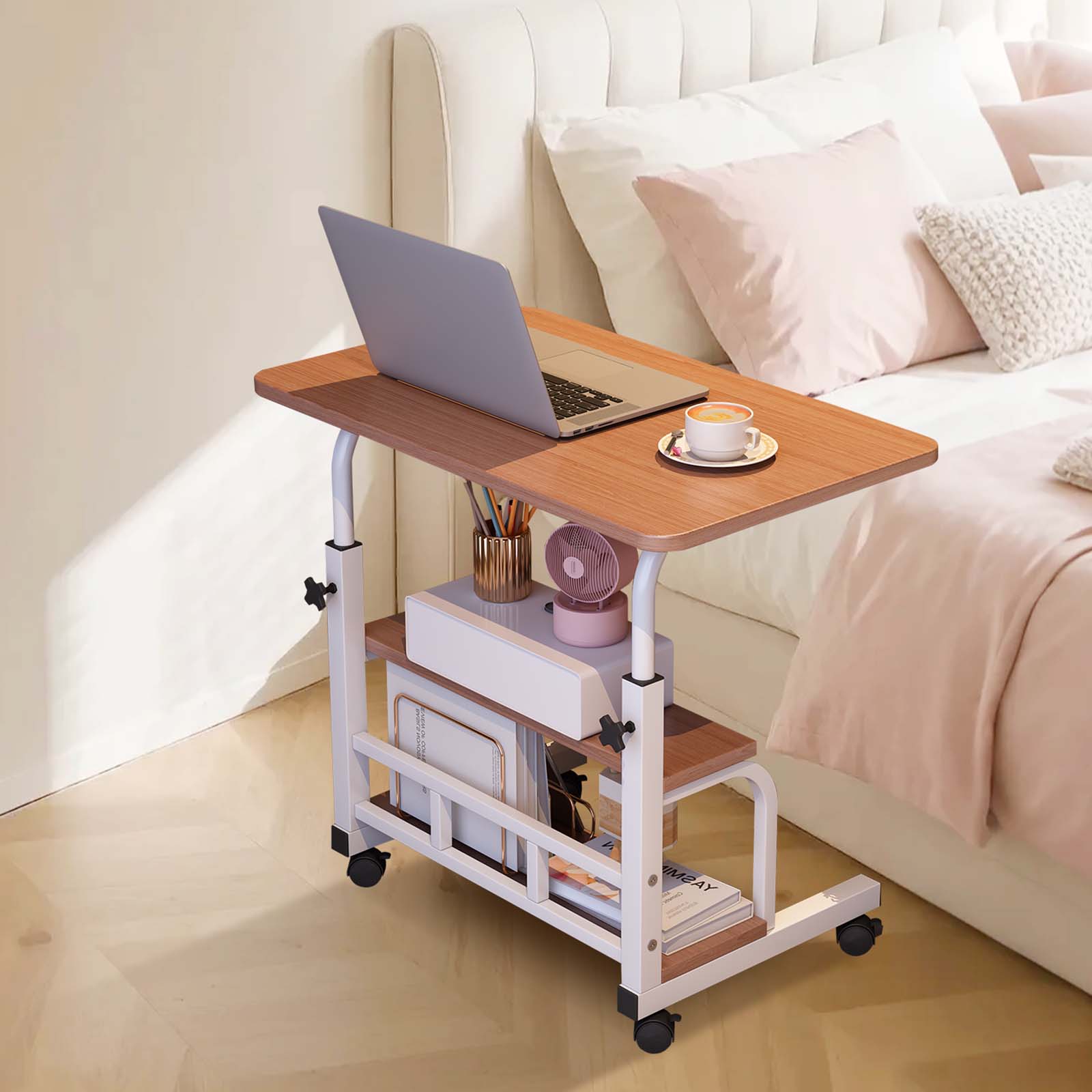 Alt View 3. Babevy - 23.6" Adjustable Height Rolling Desk with Wheels & Storage Shelves, Mobile Standing Desk for Home Office, School - Walnut.