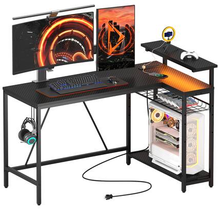 Front. Bestier - L-Shaped Computer Gaming Desk with LED Lights, Power Strip, Monitor Stand & Adjustable Storage - 52inch - Black Carbon Fiber.