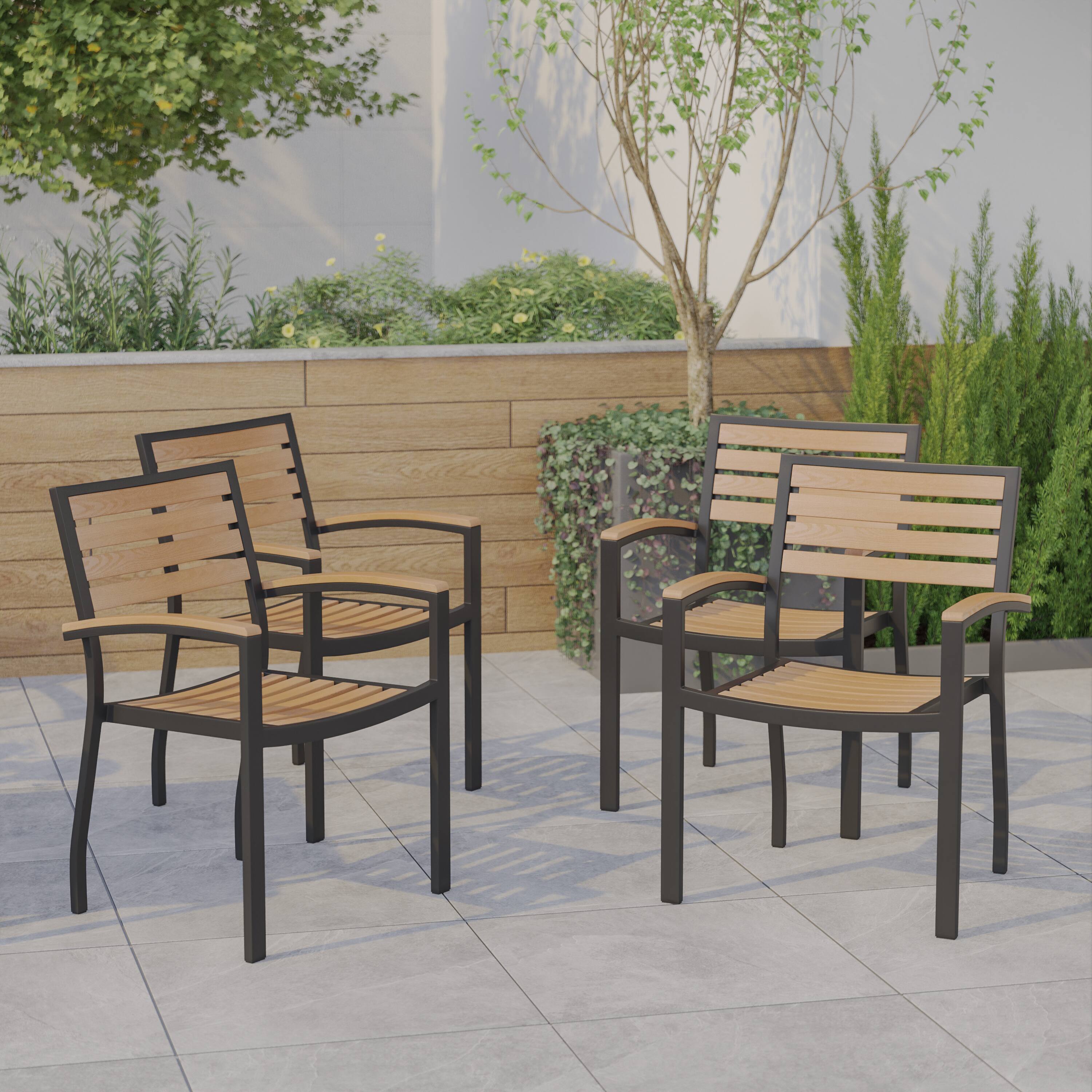 Alt View 2. Emma + Oliver - Set of 4 Stackable All-Weather Aluminum Patio Chairs with Faux Teak Slats - Teak.