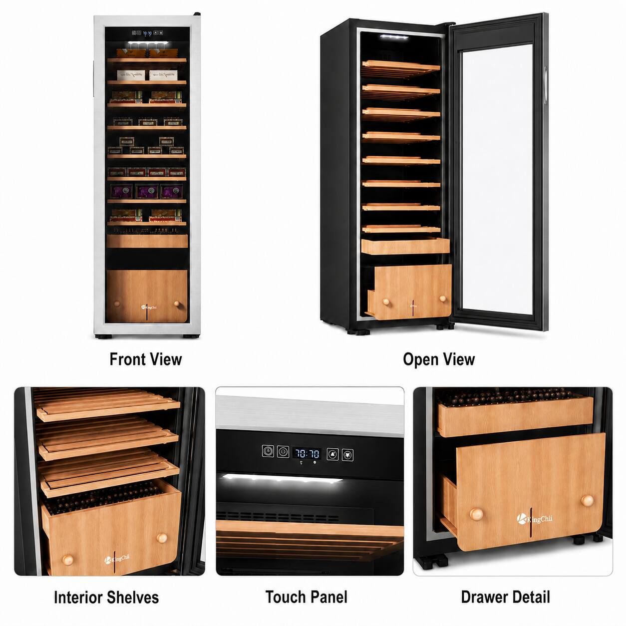 - 1 | | - - - -  hd a.. JIEI . 15 2 Front View Open View 10:10 10 - lngChi BEN Interior Shelves Touch Panel Drawer Detail