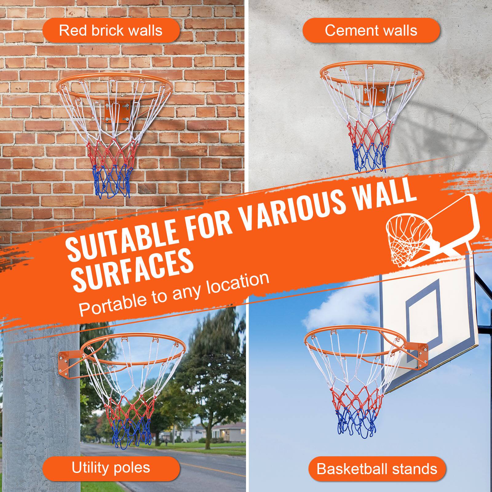 Red brick walls, Cement walls, Utility poles, Basketball stands, Suitable for various wall surfaces, Portable to any location