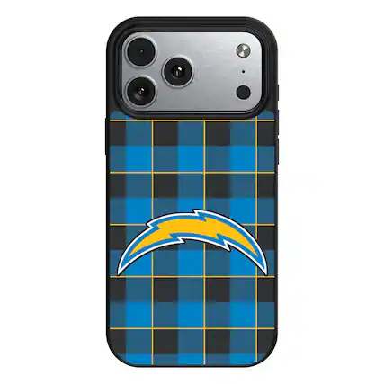 Front. Keyscaper - Los Angeles Chargers Plaid Magnetic Bump iPhone Case - 16 Pro - Black.