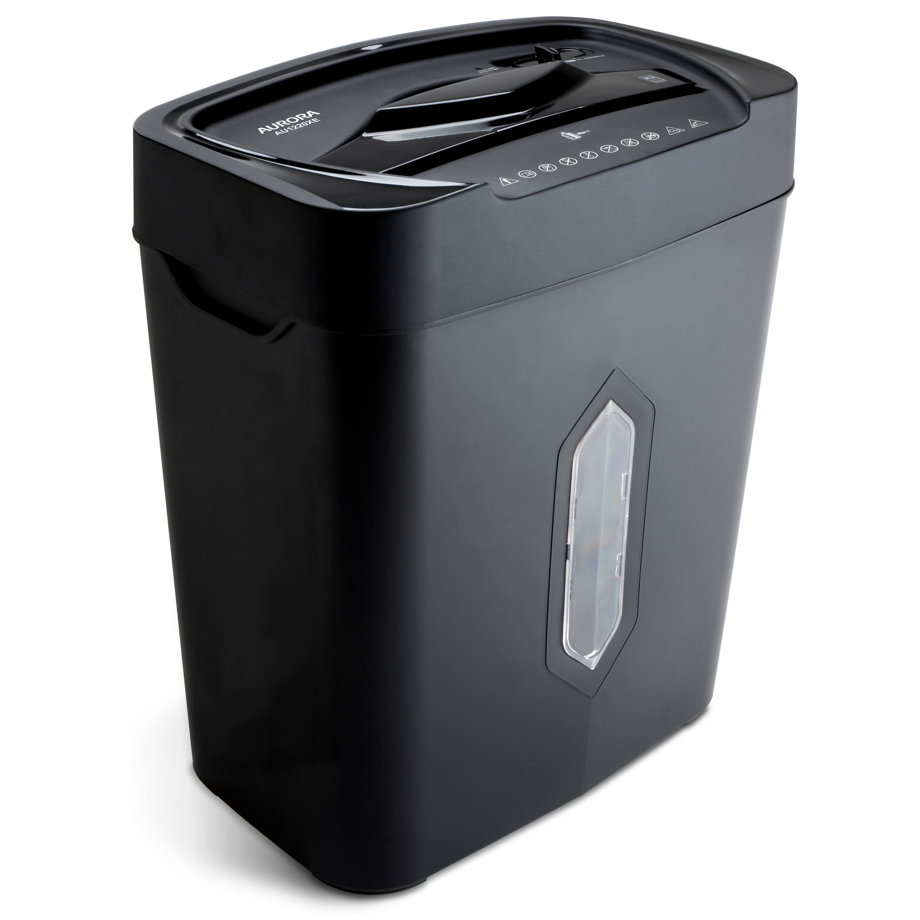 Left. Aurora - Aurora AU1220XE 12 Sheet Crosscut Paper and Credit Card Shredder with 5.2 gal Wastebasket, Black - Black.