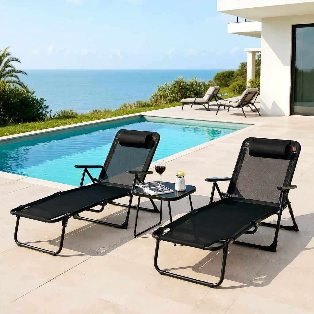 Kadyn - 3 Pieces Patio Folding Chaise Lounge Set, Small Patio Conversation Furniture Set with PVC Tabletop - Black