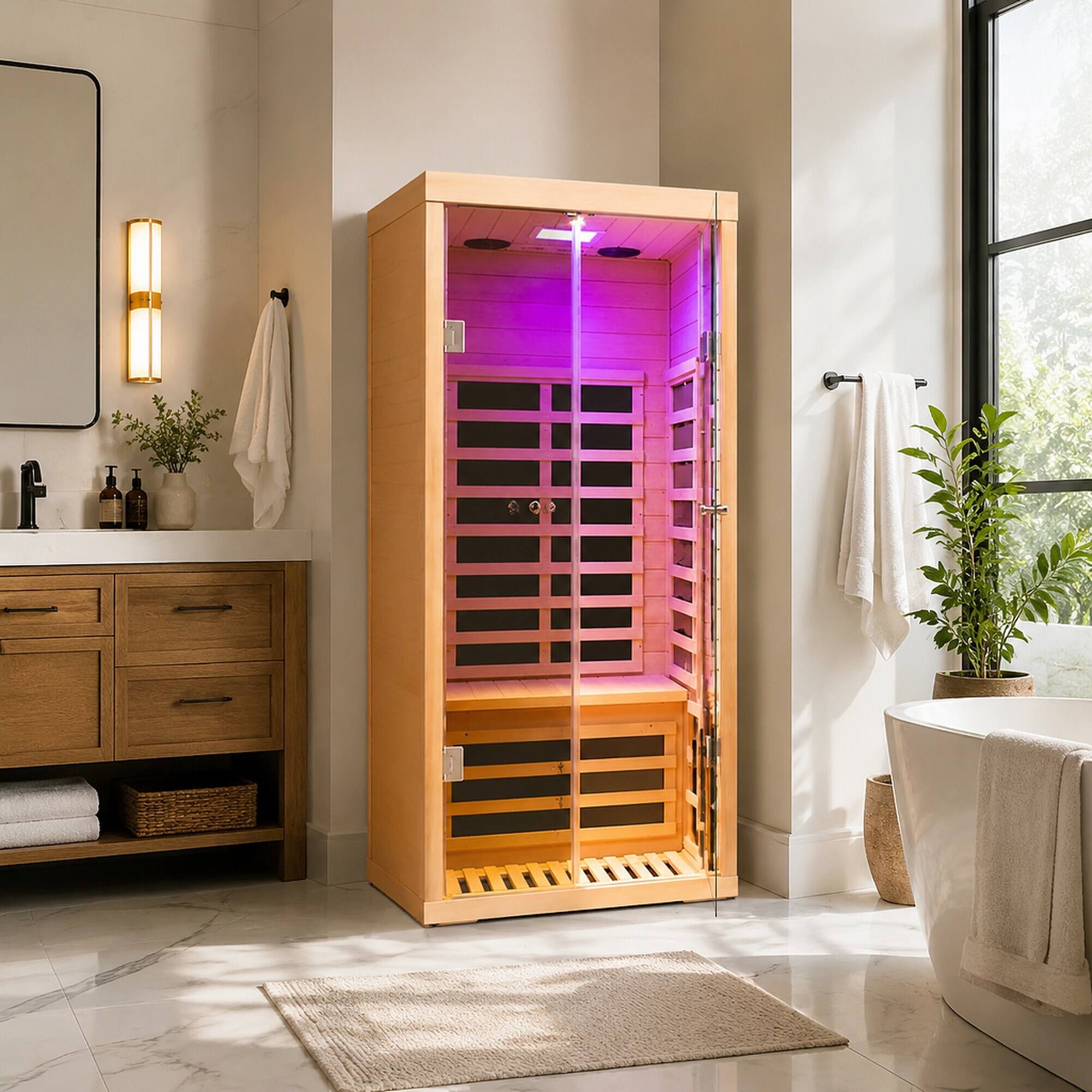 Back. RYHNUYNE - One Person Far-Infrared Sauna, Canadian Hemlock Wood, 1,760 W Carbon Crystal Heaters, Low EMF, Home Spa - Natural.