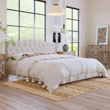 Front. LUCKY ONE - King Size Upholstered Platform Bed with Adjustable Curved Headboard, Diamond Tufting, Wooden Slats, No Box Spring Needed - Beige.