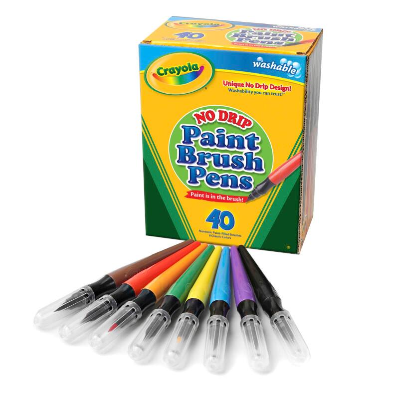 Crayola Washable No Drip Paint Brush Pens  
Unique No Drip Design!  
Washability you can trust!  
Paint is in the brush!  
40 Paint-Filled Brushes  
40 Colors