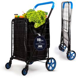 SereneLife - Large Folding Utility Shopping Cart – 110 lb Capacity, 360° Swivel Wheels, Removable Liner - Blue