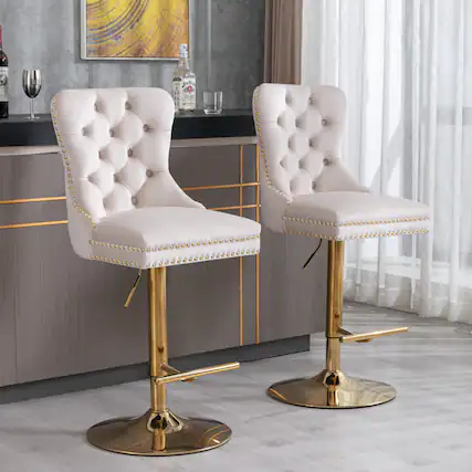 Front. GOODSILO - Luxury Swivel Velvet Barstools with Adjustable Height and Tufted Backrest for Home Kitchen and Pub - Beige.