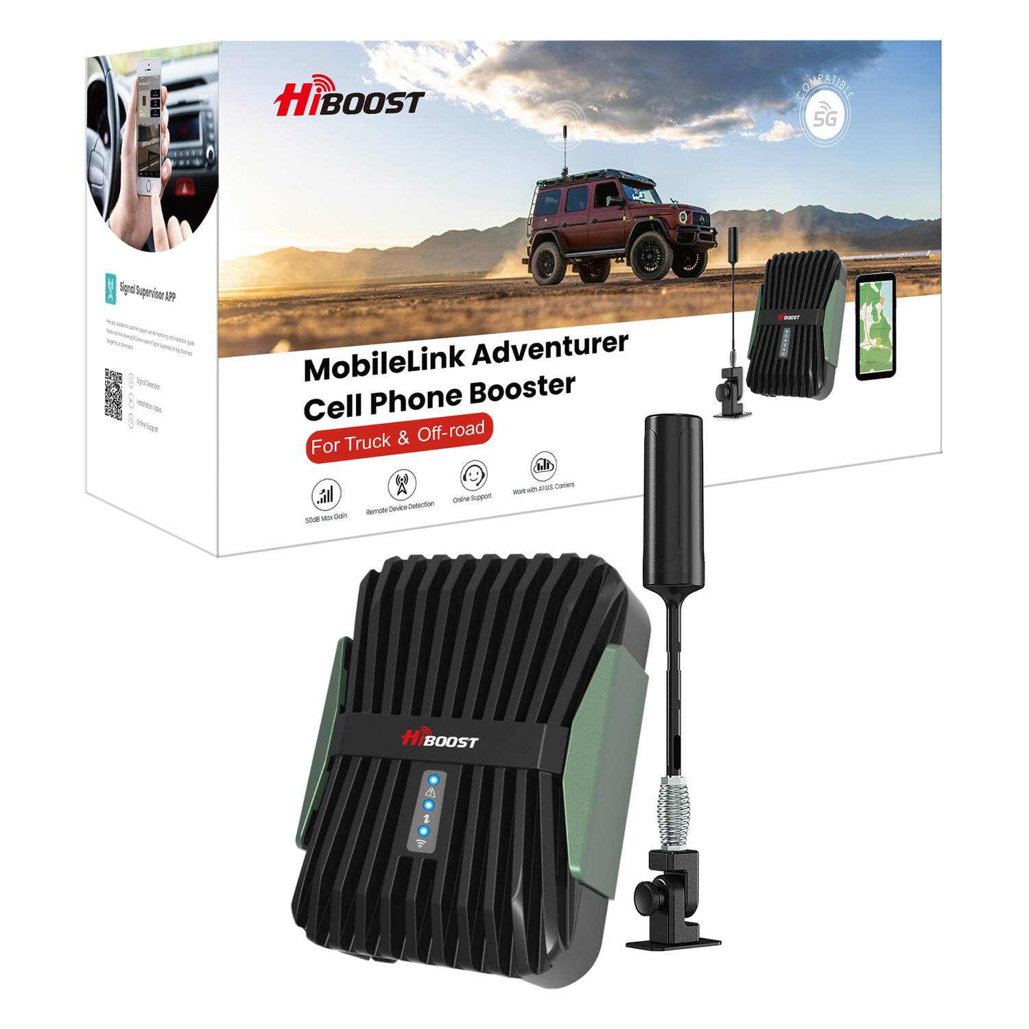 HiBOOST MobileLink Adventurer Cell Phone Booster  
For Truck & Off-road  

Signal Supervisor APP  
- Typing  
- Navigation  
- Streaming  

50dB Max Gain  

- Remote Device Detection  
- GPS Tracking  
- Compatible with 5G  

HiBOOST