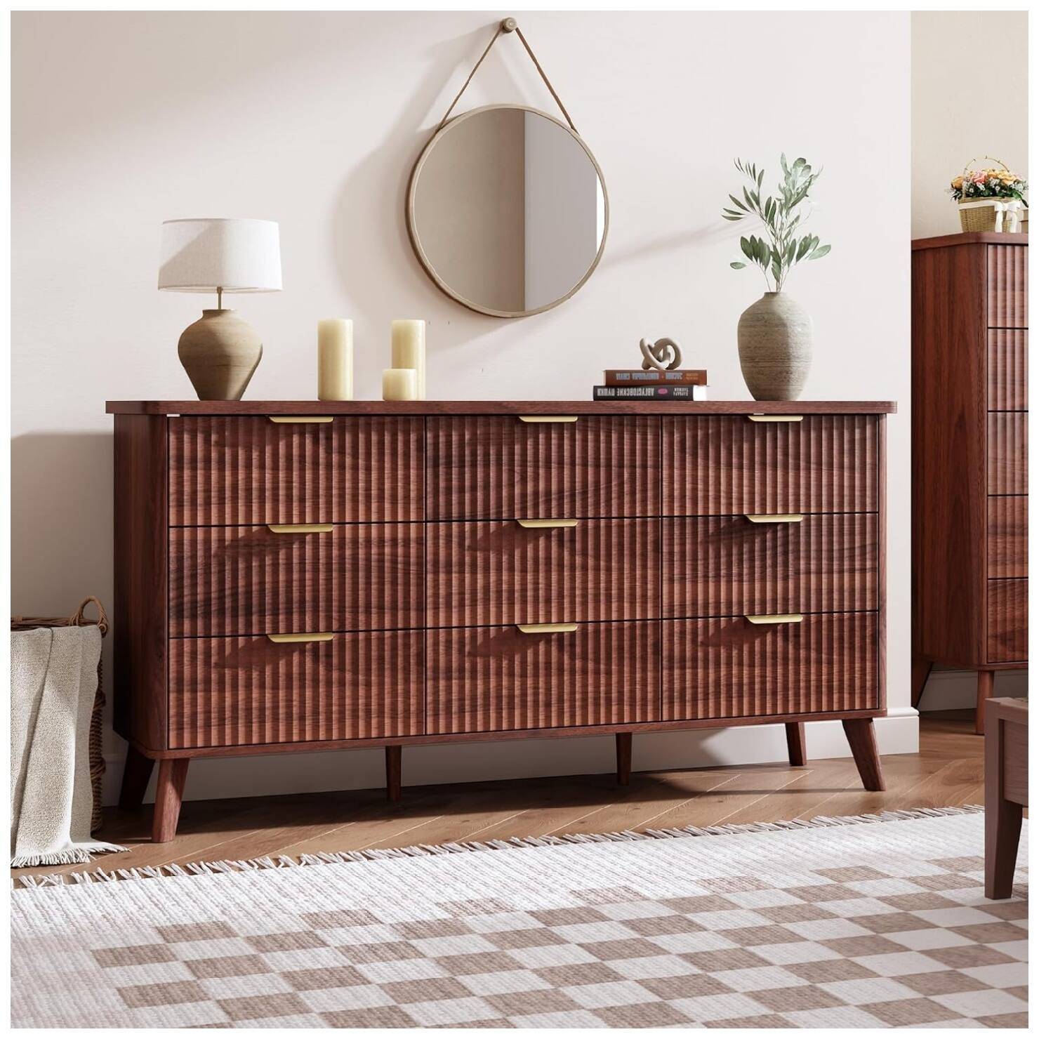 Front. GARVEE - 9 Drawers Dresser for Bedroom, Dressers with Curved Profile Design, Fluted Wood Drawers - Walnut.