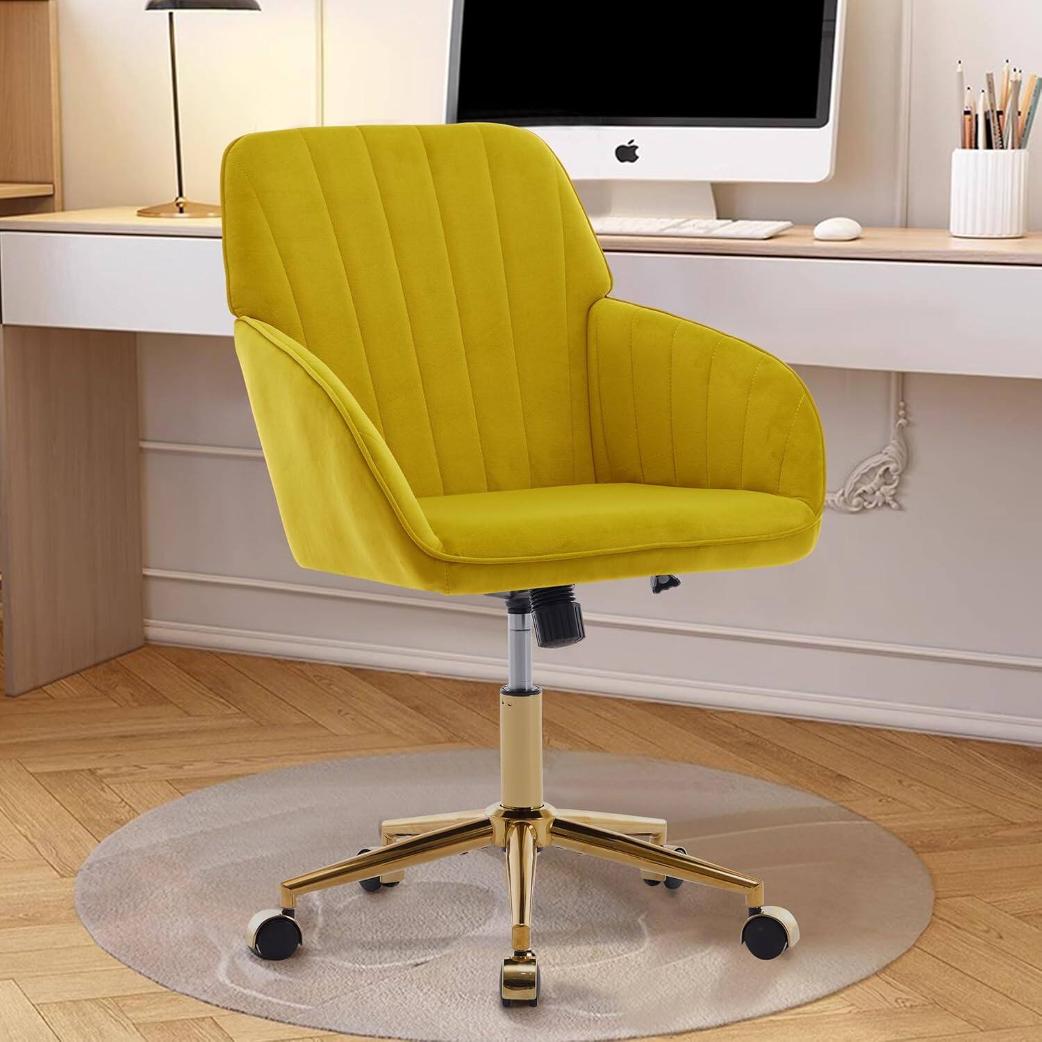 Alt View 4. Trinkets Crazed - 24.6" Velvet Office Chair, Ergonomic Swivel Desk Chair with Memory Foam Seat - Adjustable Height Computer Chair - yellow.