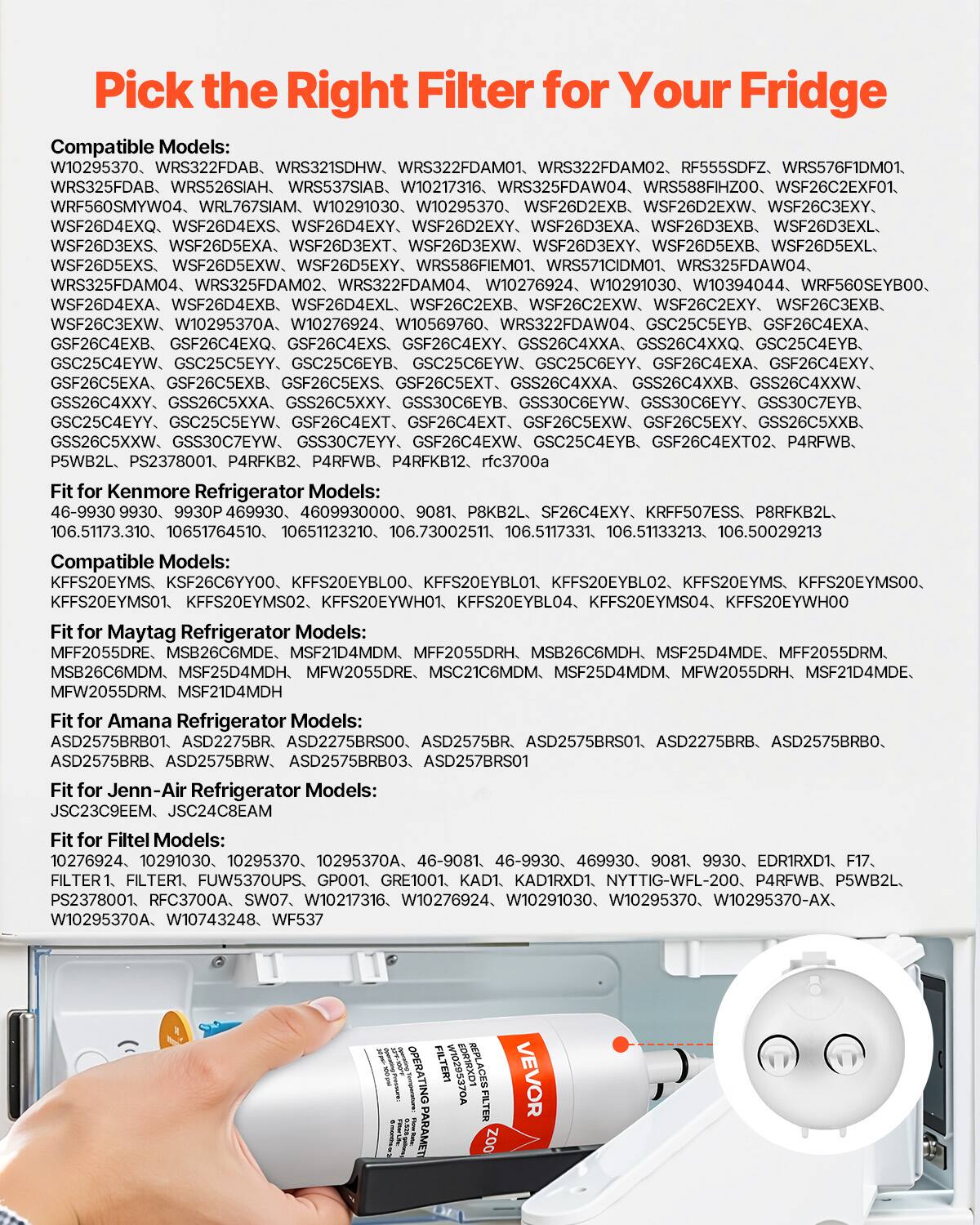 Pick the Right Filter for Your Fridge

Compatible Models:
W10295370, WRS322FDBA, WRS321SDHW, WRS322FDM01, WRS322FDM02, RF555SDFZ, WRS576F1DM01, WRS325FDBA, WRS526SIAH, WRS537SIAB, W10217316, WRS325FDAW04, WRS588FIHZ00, WSF26C2EXF01, WRF560SMYW04, WRL767SIAM, W10291030, W10295370, WSF26D2EXB, WSF26D2EXW, WSF26C3EXY, WSF26D4EXQ, WSF26D4EXS, WSF26D4EXY, WSF26D2EXY, WSF26D3EXA, WSF26D3EXB, WSF26D3EXL, WSF26D3EXS, WSF26D5EXA, WSF26D3EXT, WSF26D3EXW, WSF26D3EXY, WSF26D5EXB, WSF26D5EXL, WSF26D5EXS, WSF26D5EXW, WSF26D5EXY, WRS586FIEM01, WRS571CIDM01, WRS325FDAW04, WRS325FDM04, WRS322FDM04, W10276924, W10291030, W10394044, WRF560SEYBOO, WSF26D4EXA, WSF26D4EXB, WSF26D4EXL, WSF26C2EXB, WSF26C2EXW, WSF26C2EXY, WSF26C3