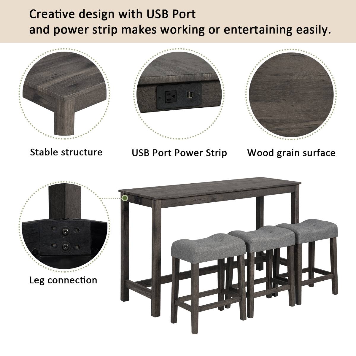 Creative design with USB Port and power strip makes working or entertaining easily.

Stable structure
USB Port Power Strip
Wood grain surface
Leg connection