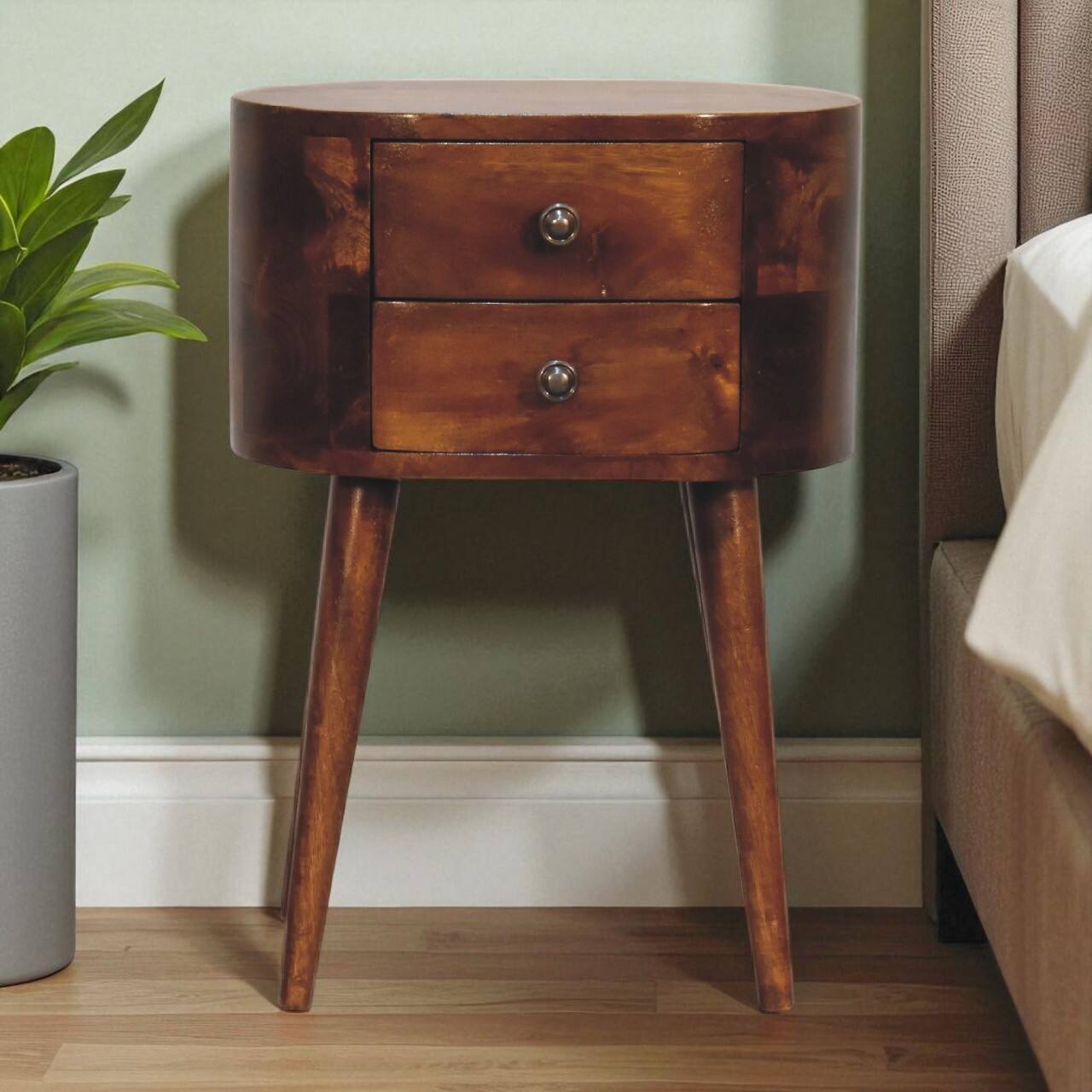 Angle. Artisan Furniture - Artisan Furniture Solid Wood Mini Chestnut Rounded Nightstand Table, 2 Drawers, Nordic Legs, Dark Brown - Chestnut.