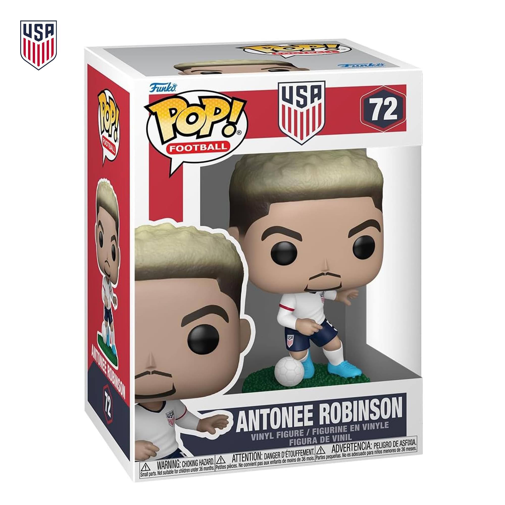 USA F 30 FILA Funko USA 72 POP! FOOTBALL  
ANTONEE ROBINSON  
VINYL FIGURE / FIGURINE EN VINYLE / FIGURA DE VINIL  
WARNING: CHOKING HAZARD - ATTENTION: DANGER DE TOUFFEMENT - ADVERTENCIA: PEIGRIO DE ASFIXIA  
Small parts. Not for children under 3 years.  
Pequeñas piezas. No adecuado para niños menores de 3 años.  
Petits pièces. Ne convient pas aux enfants de moins de 36 mois.