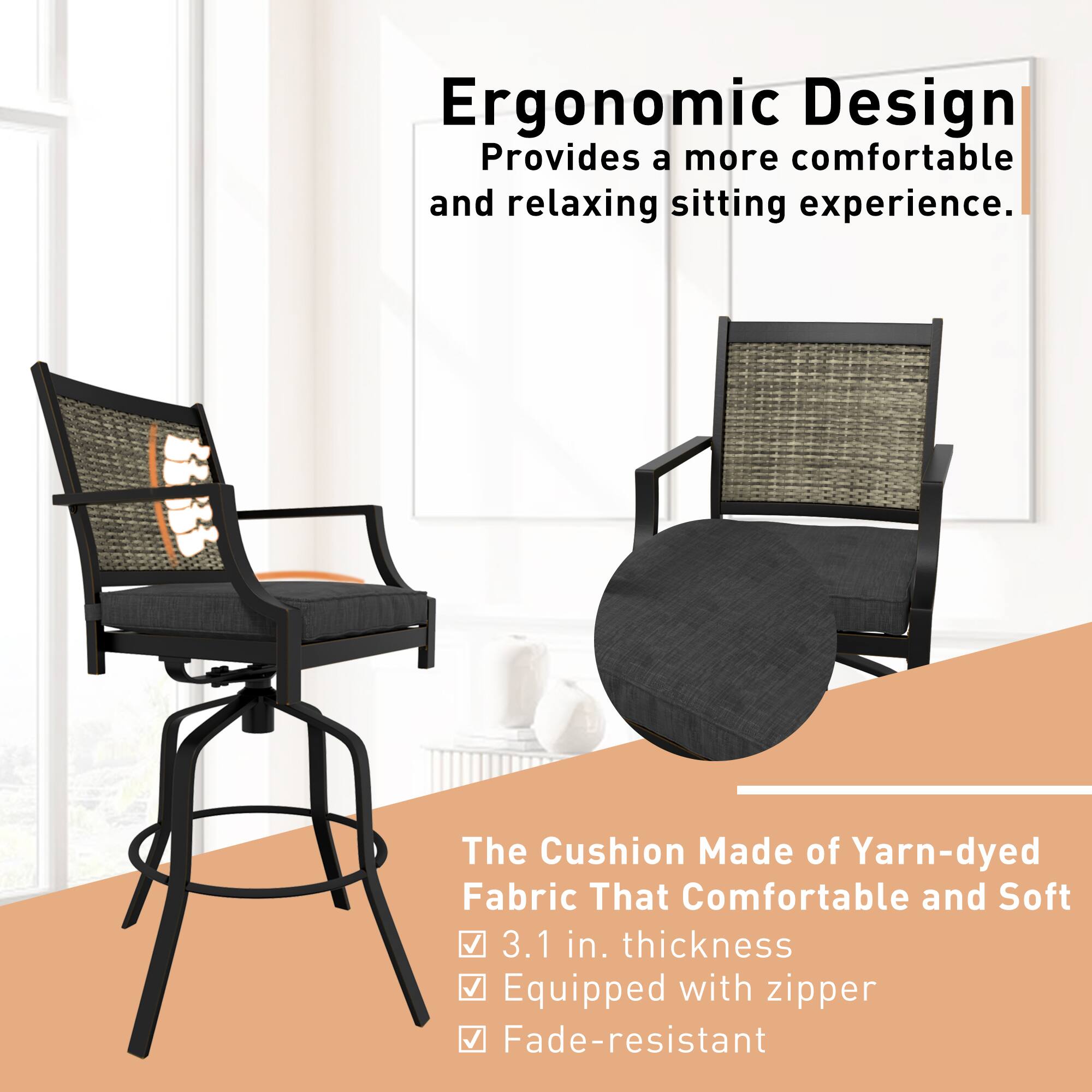 Ergonomic Design  
Provides a more comfortable and relaxing sitting experience.

The Cushion Made of Yarn-dyed Fabric That Comfortable and Soft  
3.1 in. thickness  
Equipped with zipper  
Fade-resistant