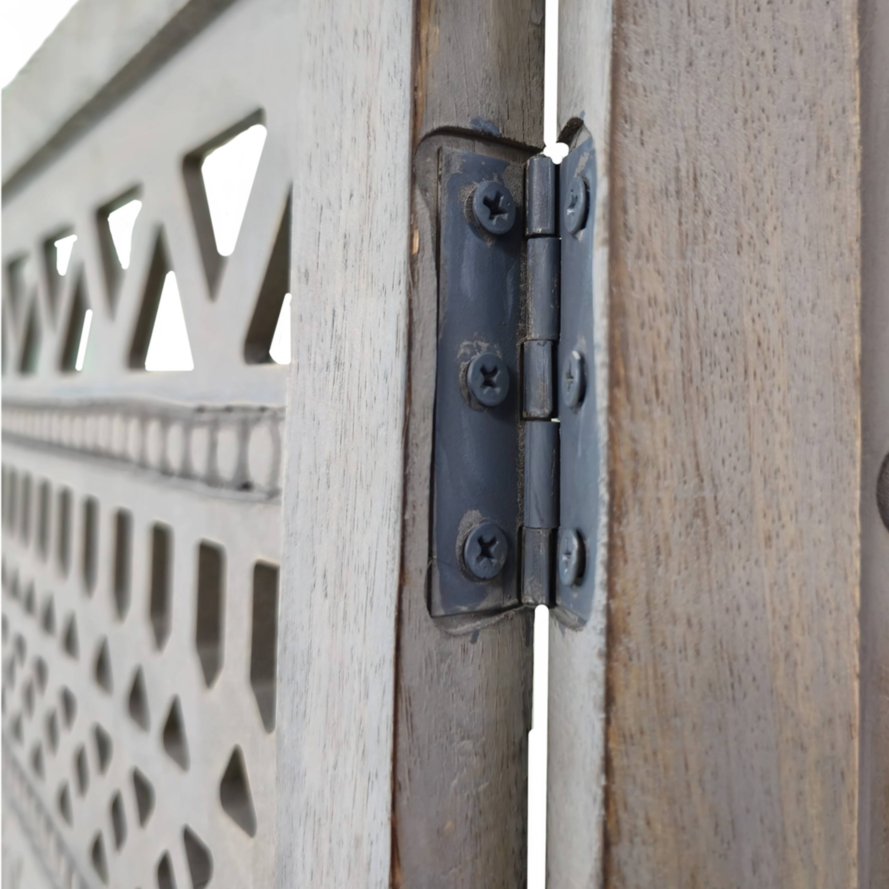 Alt View 3. Manhattan Lane - Karma 3 Panel Folding Room Divider Screen, Antique Gray Mango Wood, Inticate Cut out Geometric Design - Gray.