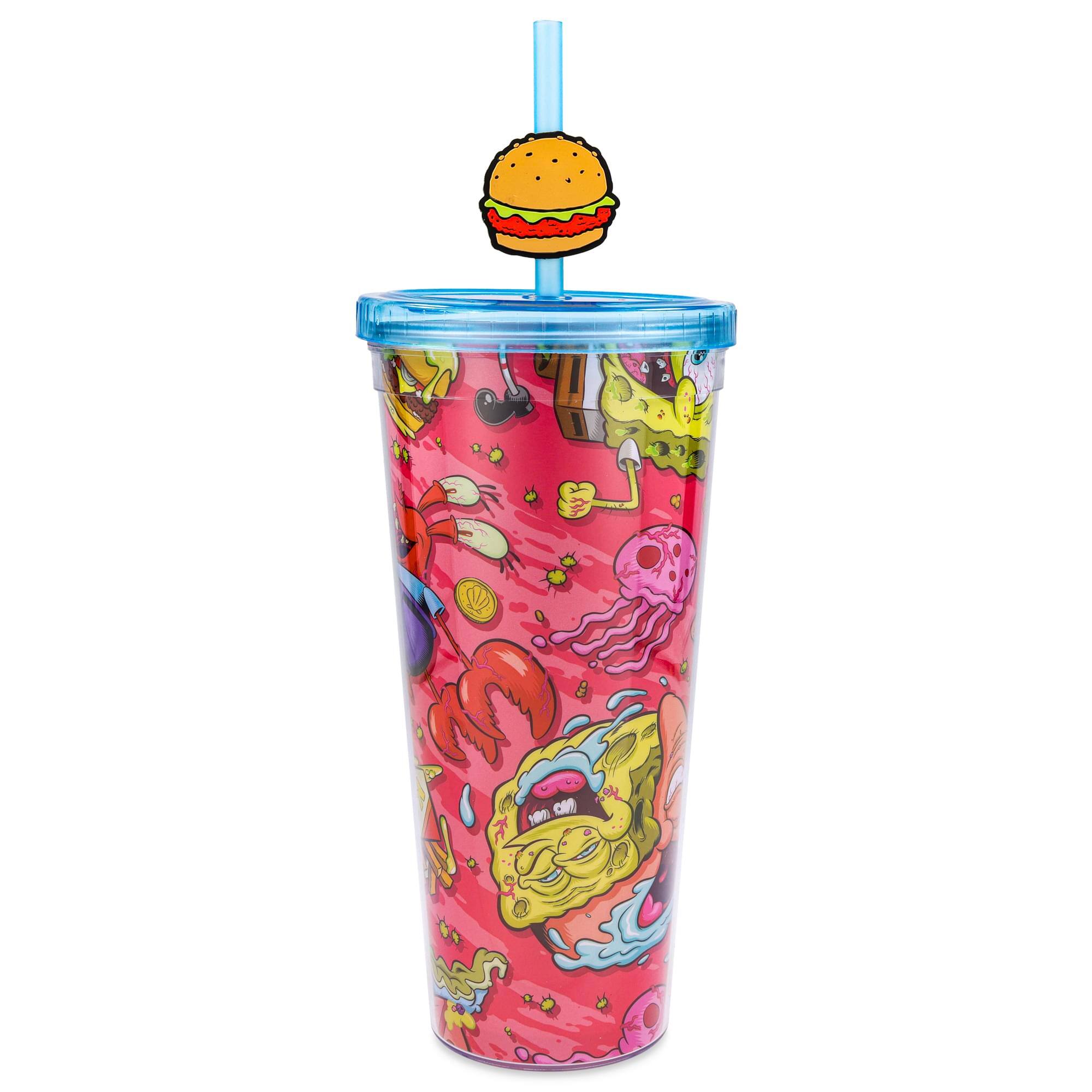 Front. Silver Buffalo - Nickelodeon SpongeBob SquarePants 24-Ounce Carnival Cup With Krabby Patty Straw Topper Charm - Pink.