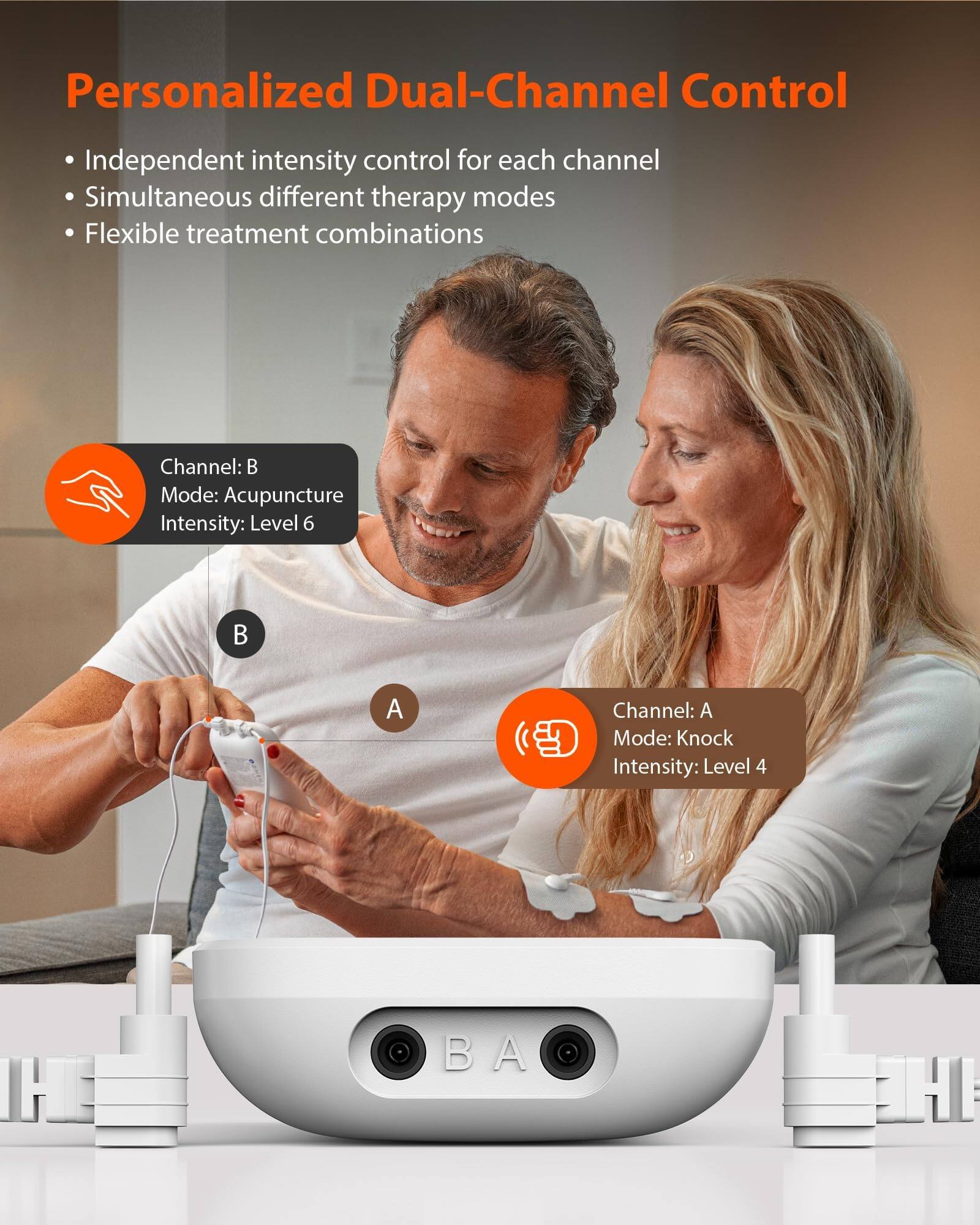 Personalized Dual-Channel Control
Independent intensity control for each channel
Simultaneous different therapy modes
Flexible treatment combinations
Channel: B
Mode: Acupuncture
Intensity: Level 6
Channel: A
Mode: Knock
Intensity: Level 4
