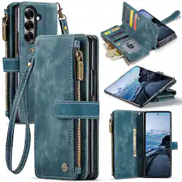 UUCOVER - Magnetic Flip Wallet Case for Samsung Galaxy Z Fold8 Ultra with Zipper Pocket, Card Holder and Wrist Strap, Stand Cover - Blue