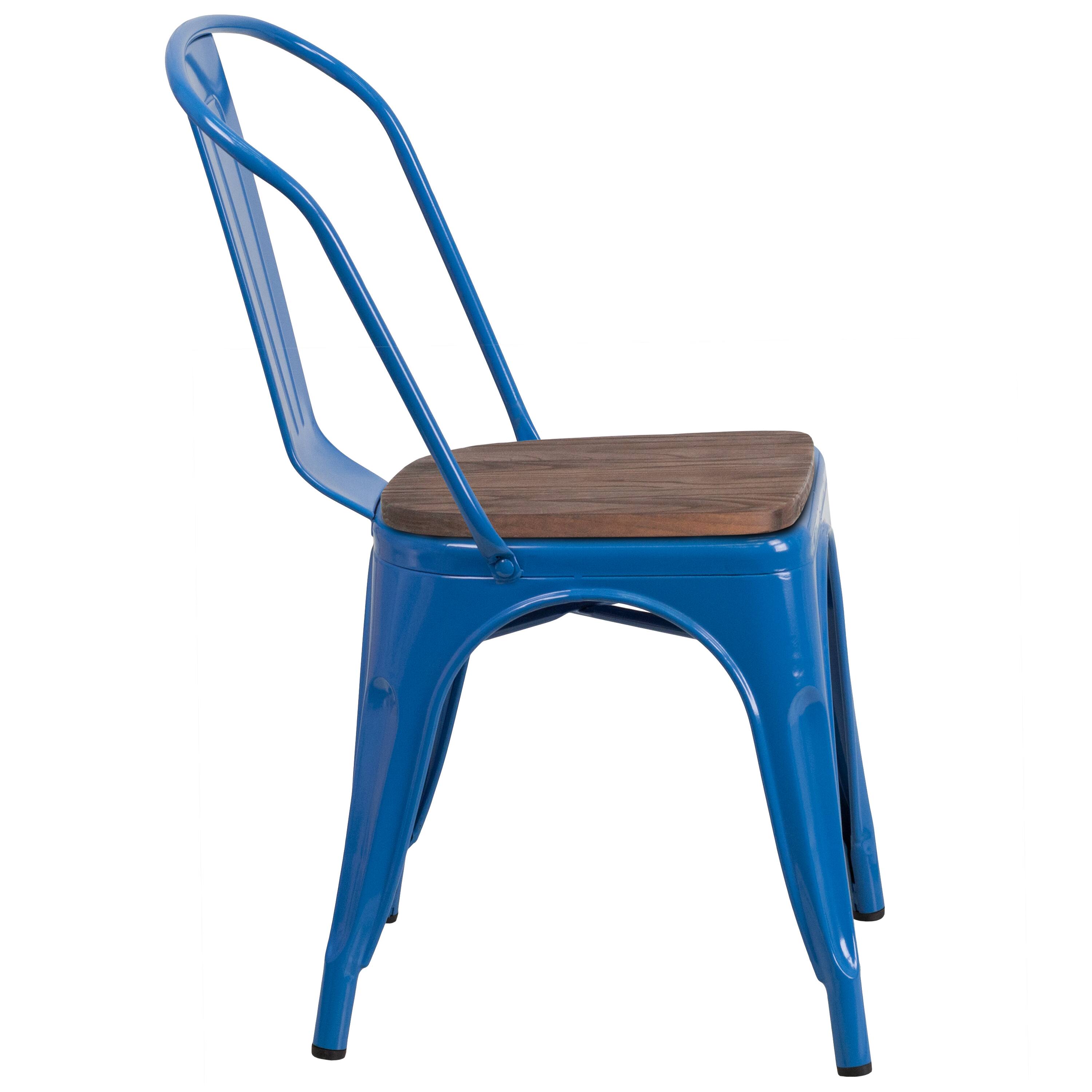 Alt View 4. Emma + Oliver - Colorful Metal Stackable Dining Chair with Wood Seat - Blue.