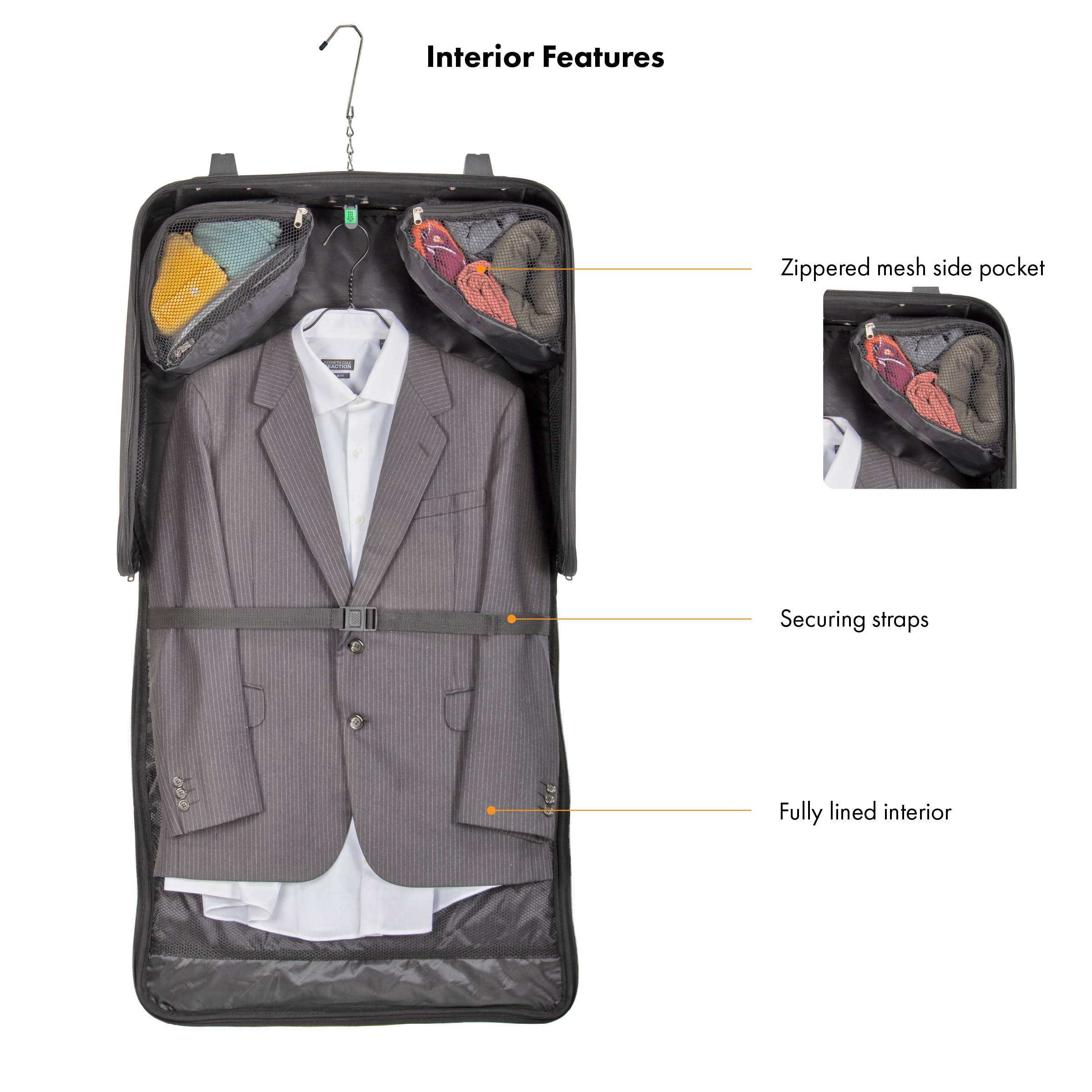 Interior Features

- Zippered mesh side pocket
- Securing straps
- Fully lined interior
