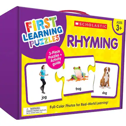 AGES FIRST SCHOLASTIC 3+ LEARNING PUZZLES RHYMING 3-Piece Puzzles + Activity guide frog dog jog for Real-World Learning! Full-Color Photos WARNING: HAZARD-Small parts. CHOKING HAZARD-Small parts. Not for children under 3 yrs.