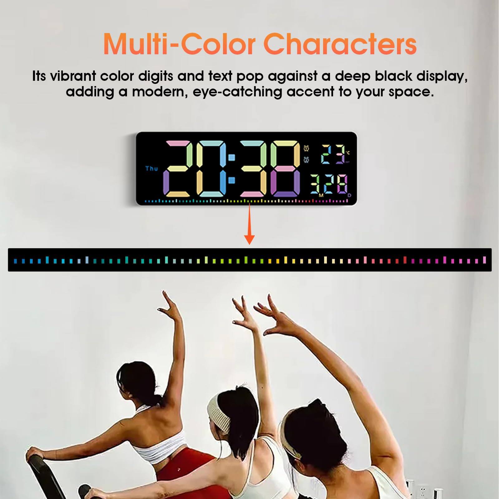 Multi-Color Characters

Its vibrant color digits and text pop against a deep black display, adding a modern, eye-catching accent to your space.

20:30 Thu 23°C 328