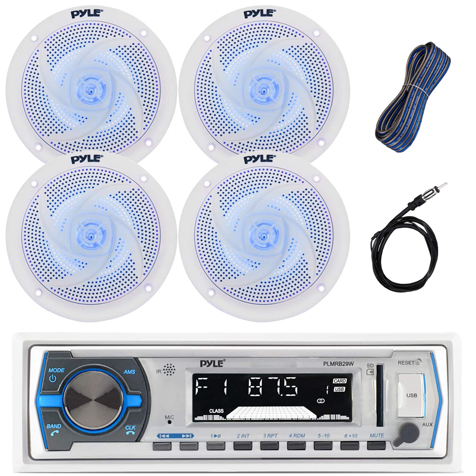 Pyle - Single DIN Marine Bluetooth Stereo Receiver w/ Remote, 4x 6.5'' 240W Blue Light LED Speakers (White), Wire, Antenna