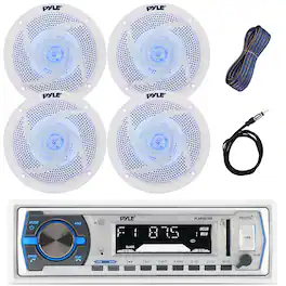 Pyle - Single DIN Marine Bluetooth Stereo Receiver w/ Remote, 4x 6.5'' 240W Blue Light LED Speakers (White), Wire, Antenna