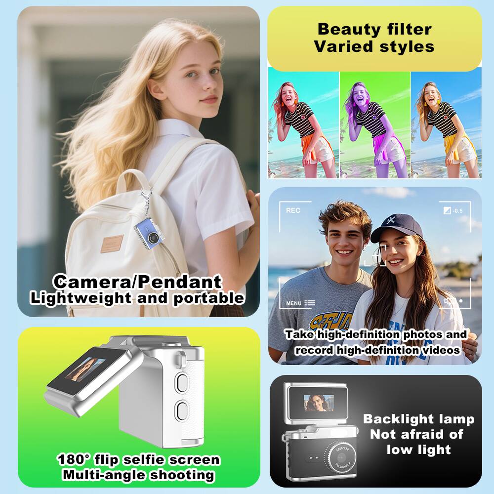Beauty filter Varied styles

Camera/Pendant Lightweight and portable

180° flip selfie screen Multi-angle shooting

Take high-definition photos and record high-definition videos

Backlight lamp Not afraid of low light